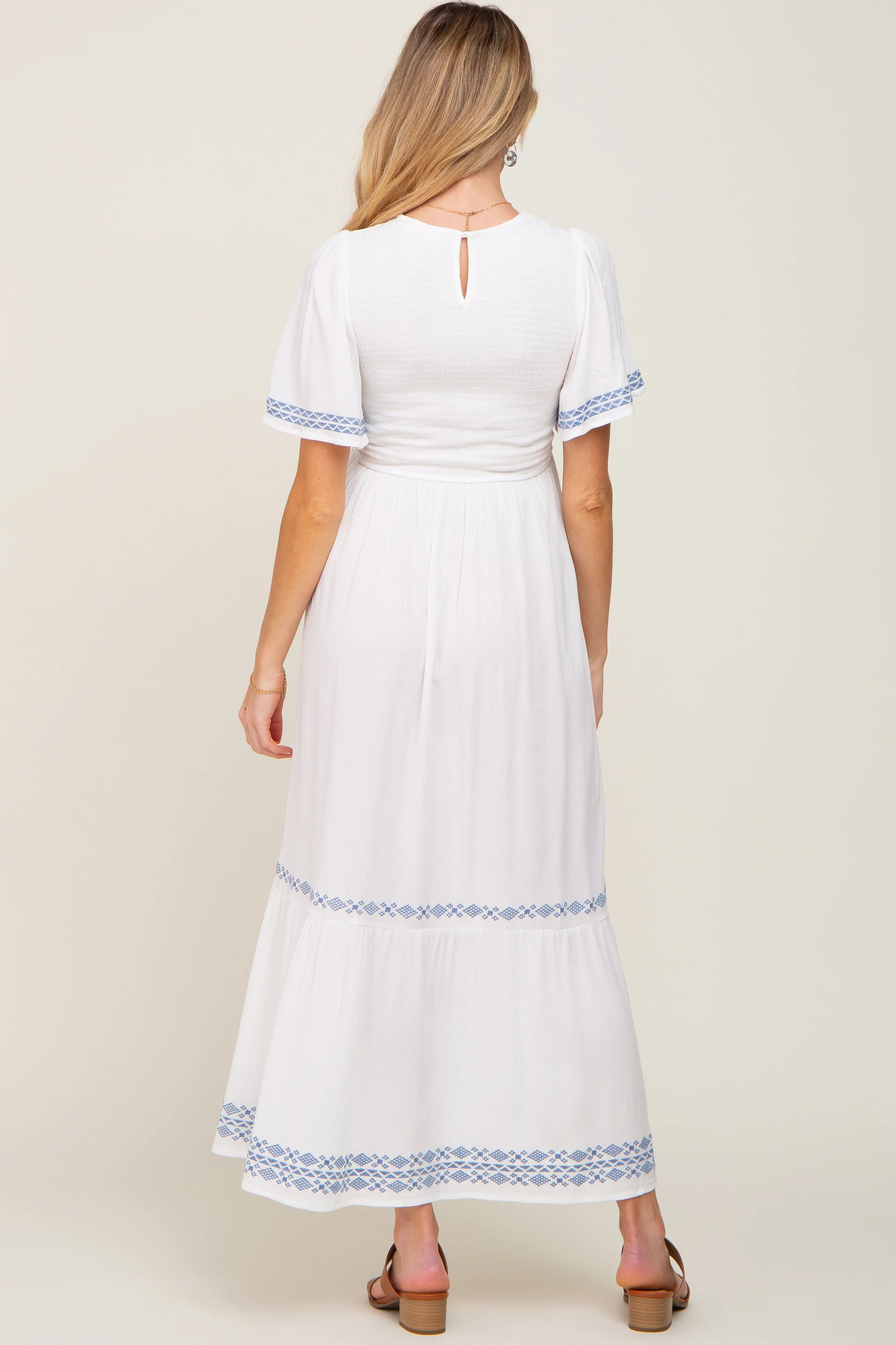 White Embroidered Accent Maternity Maxi Dress - Image 3