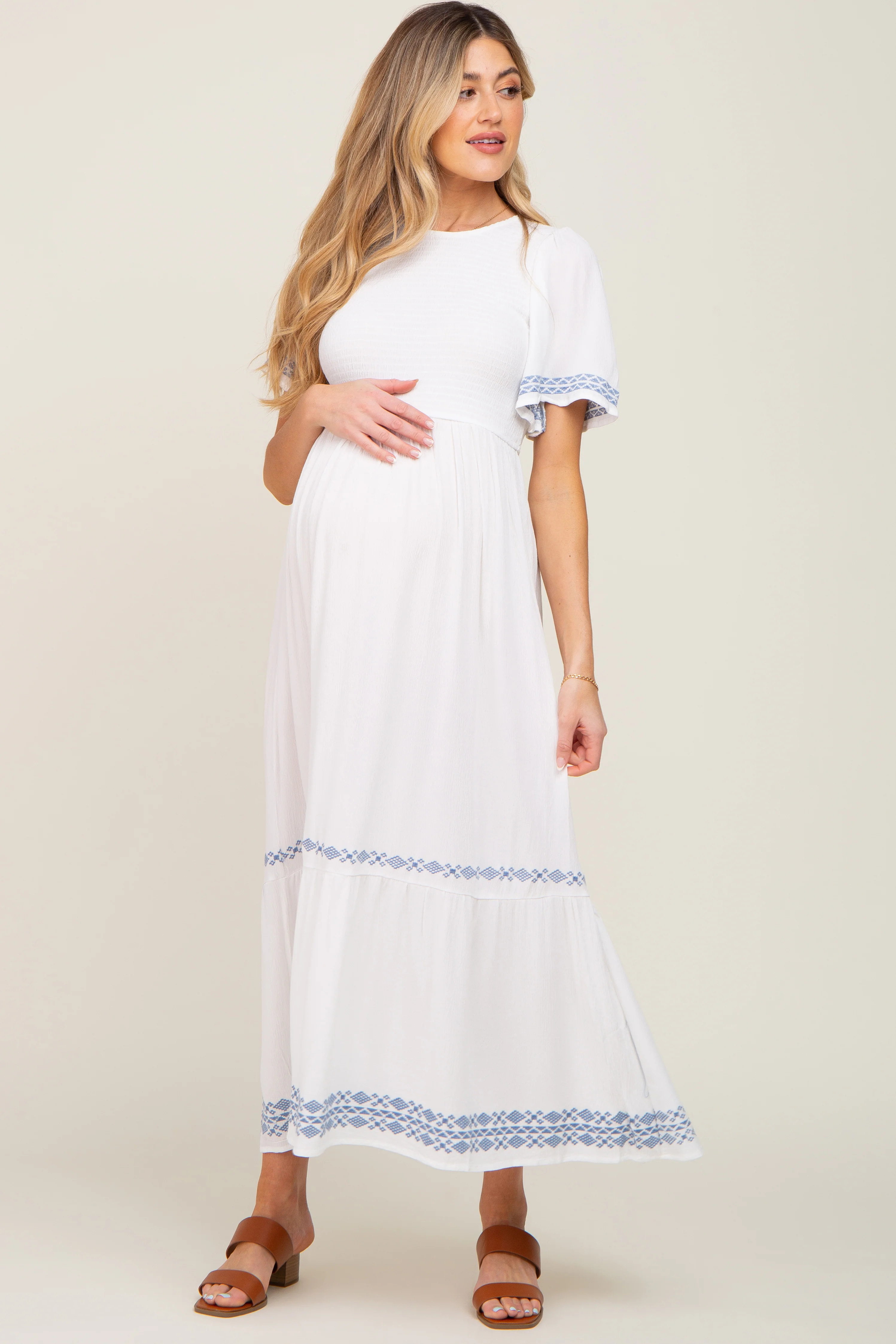 White Embroidered Accent Maternity Maxi Dress - Image 5