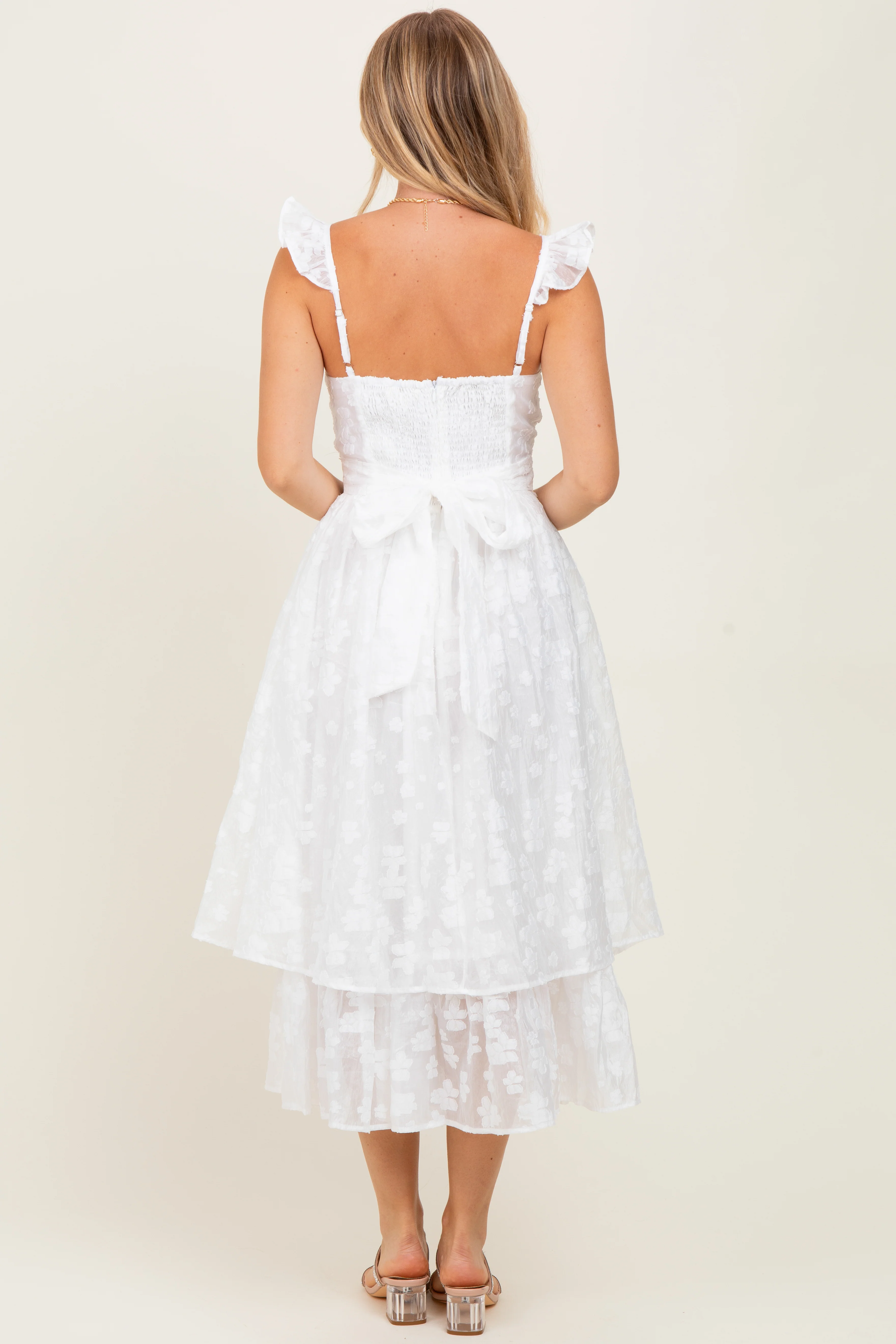 White Embroidered Twist Front Cutout Midi Dress - Image 4