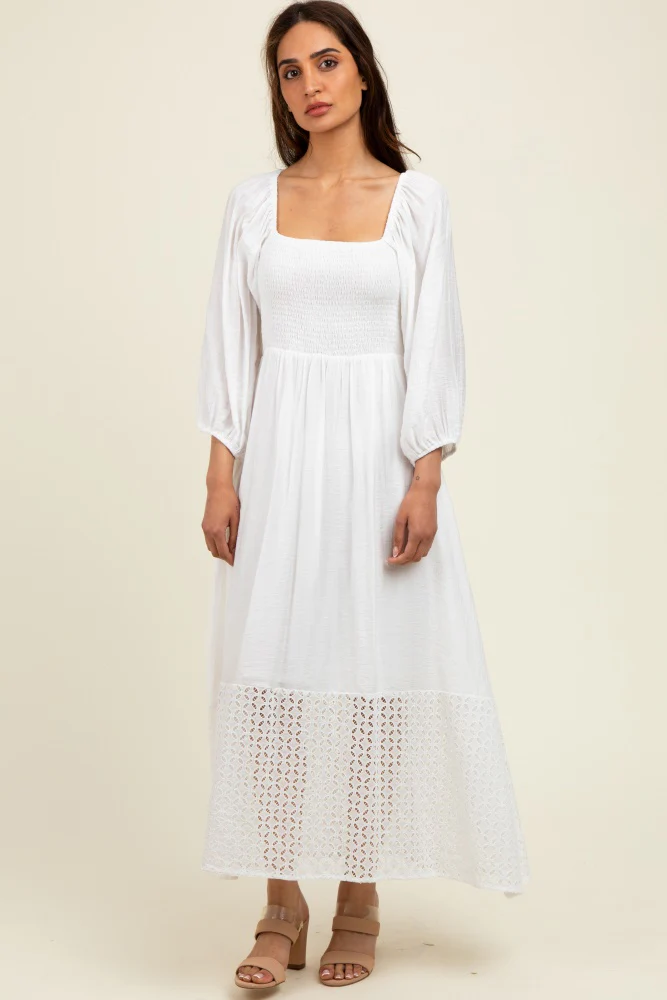 White Eyelet Contrast Smocked Bubble Sleeve Midi Dress - Image 2