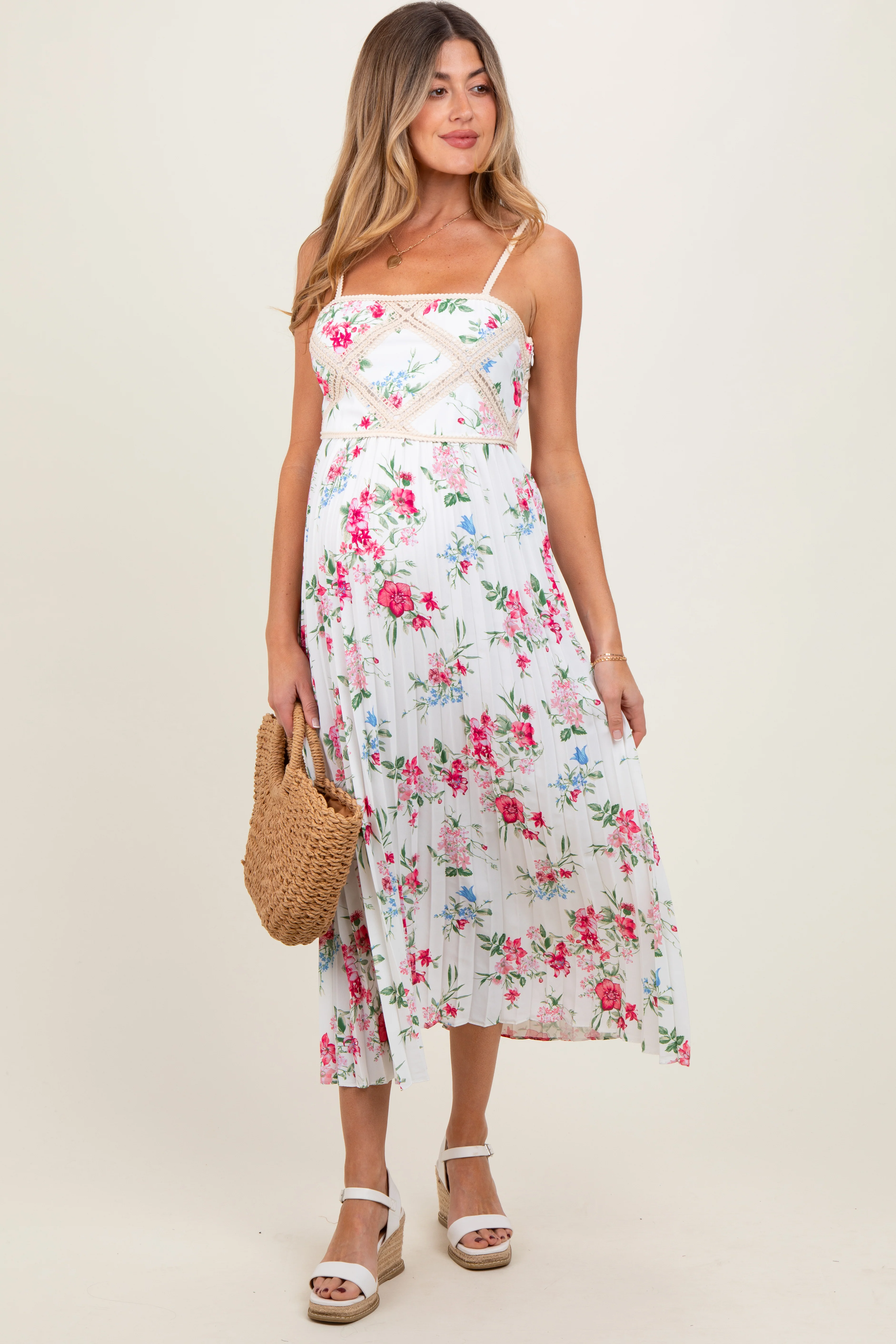 White Floral Pleated Crotchet Detail Maternity Midi Dress - Image 2