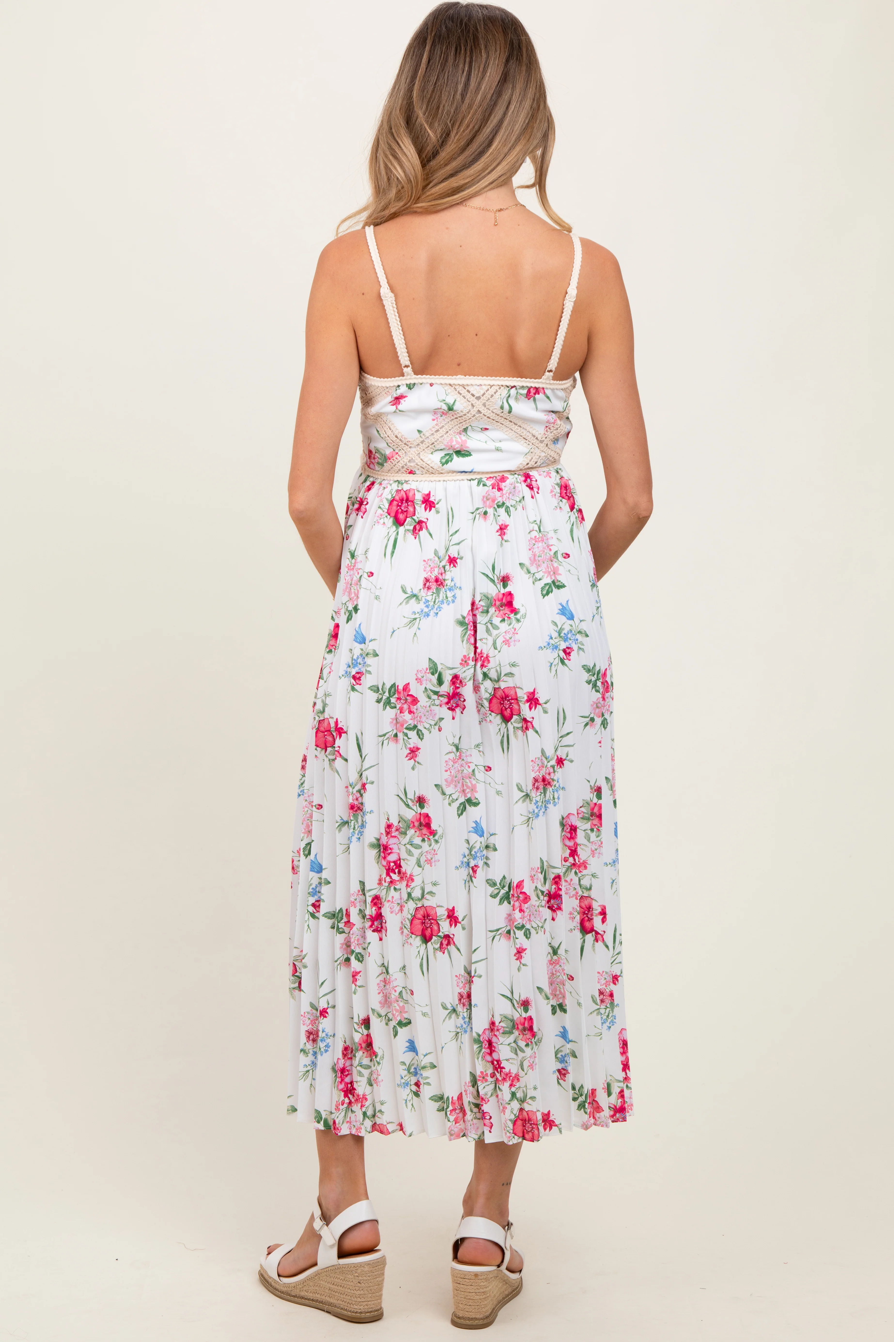 White Floral Pleated Crotchet Detail Maternity Midi Dress - Image 4