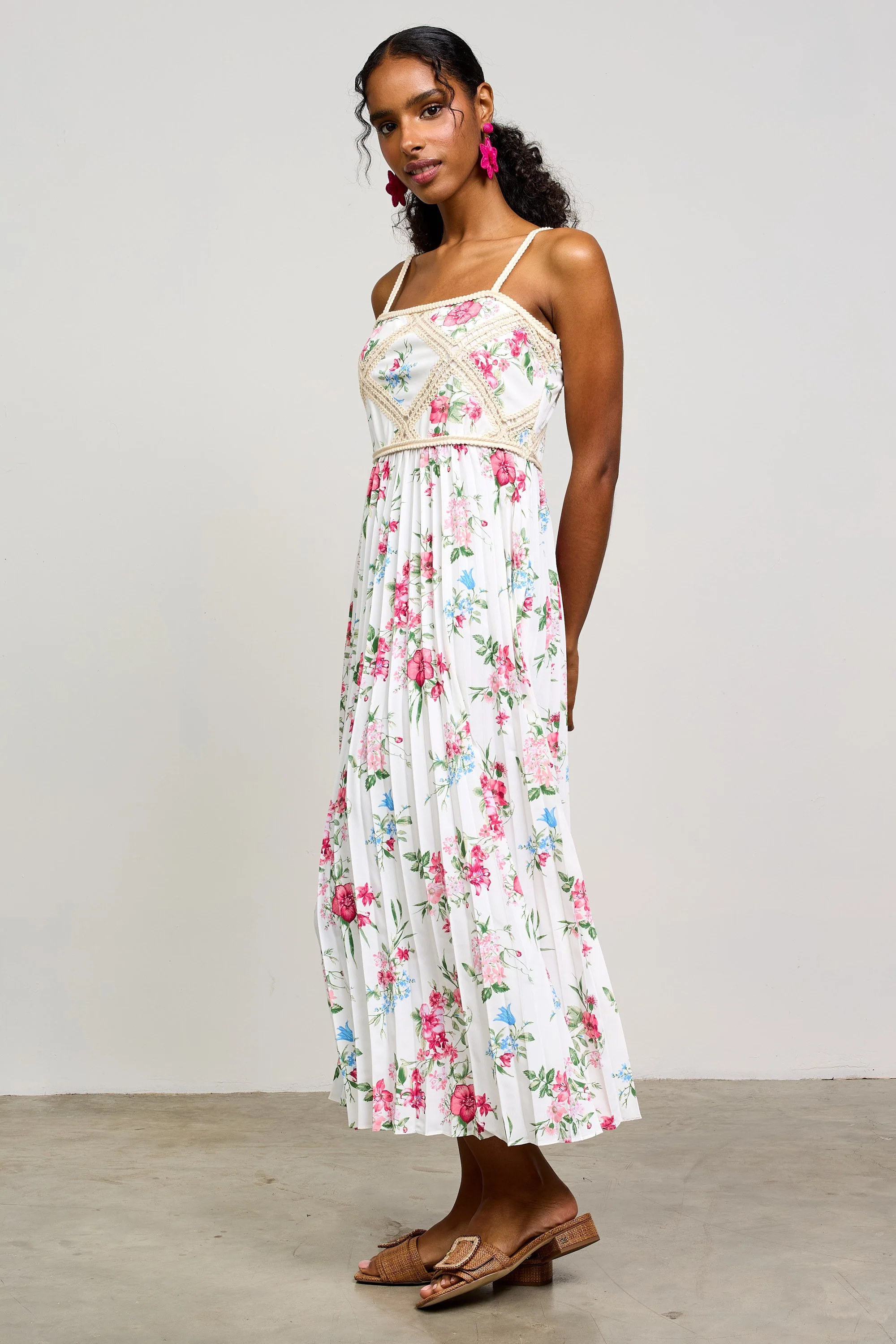 White Floral Pleated Crotchet Detail Midi Dress - Image 3