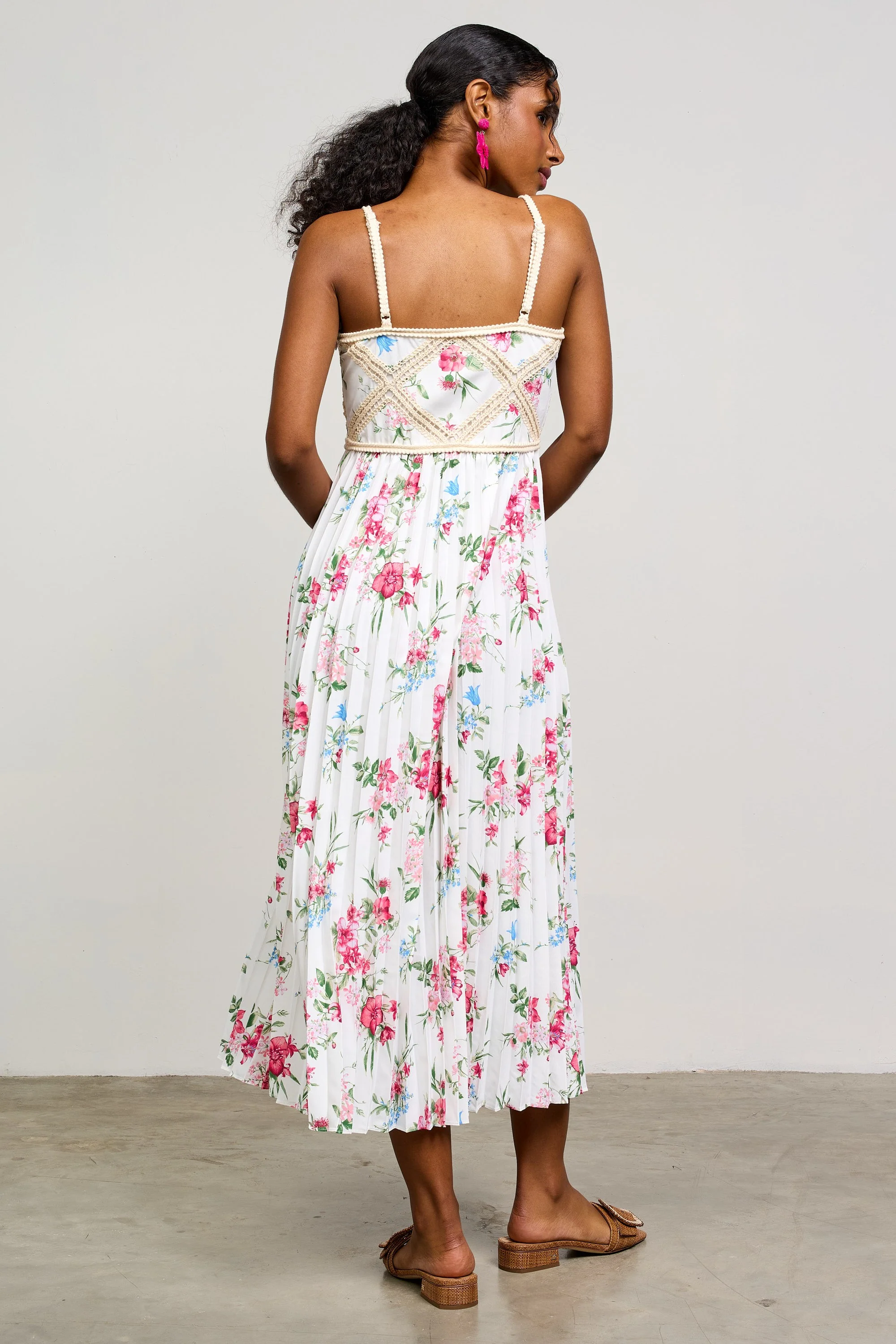 White Floral Pleated Crotchet Detail Midi Dress - Image 4