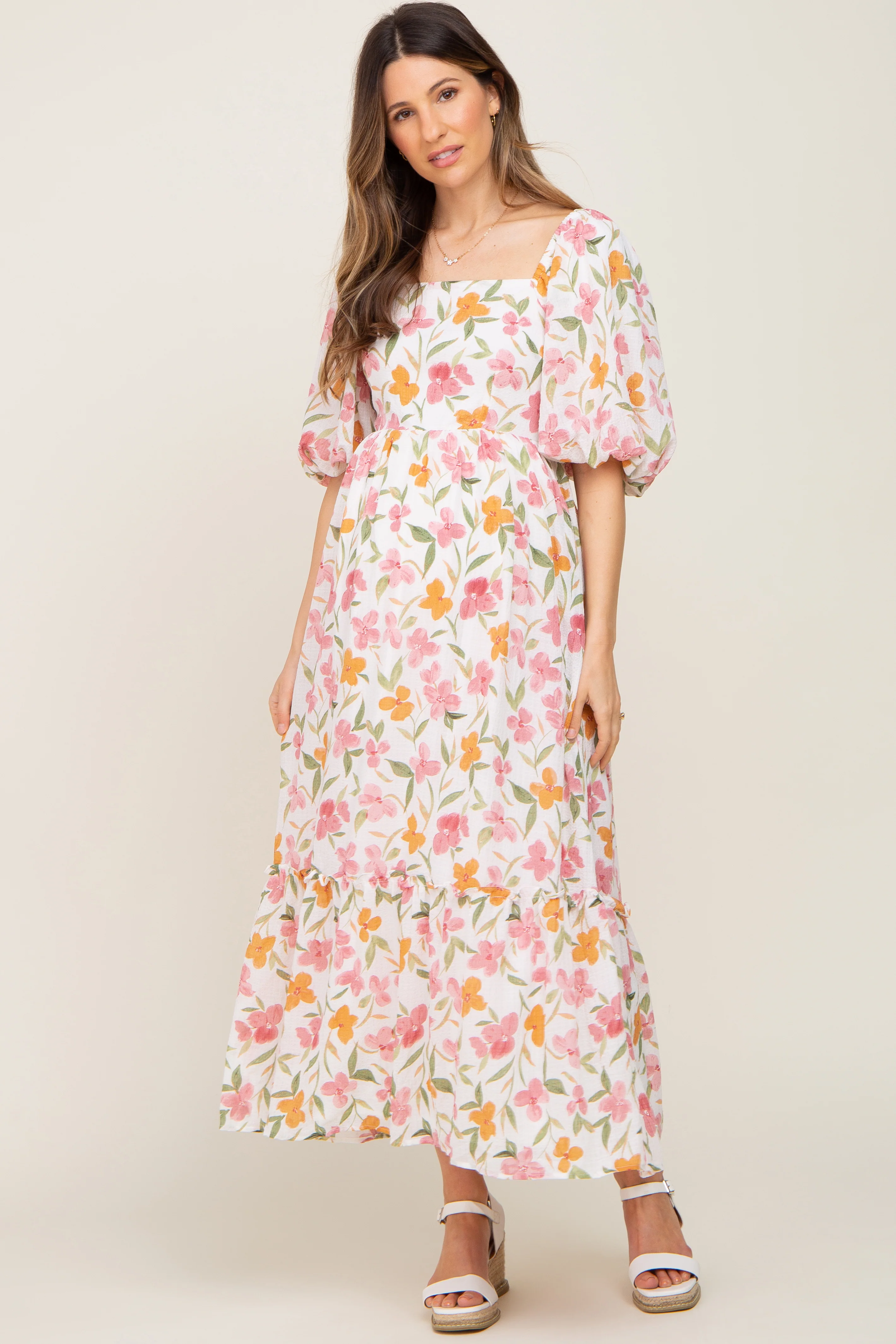 White Floral Puff Sleeve Maternity Maxi Dress - Image 4