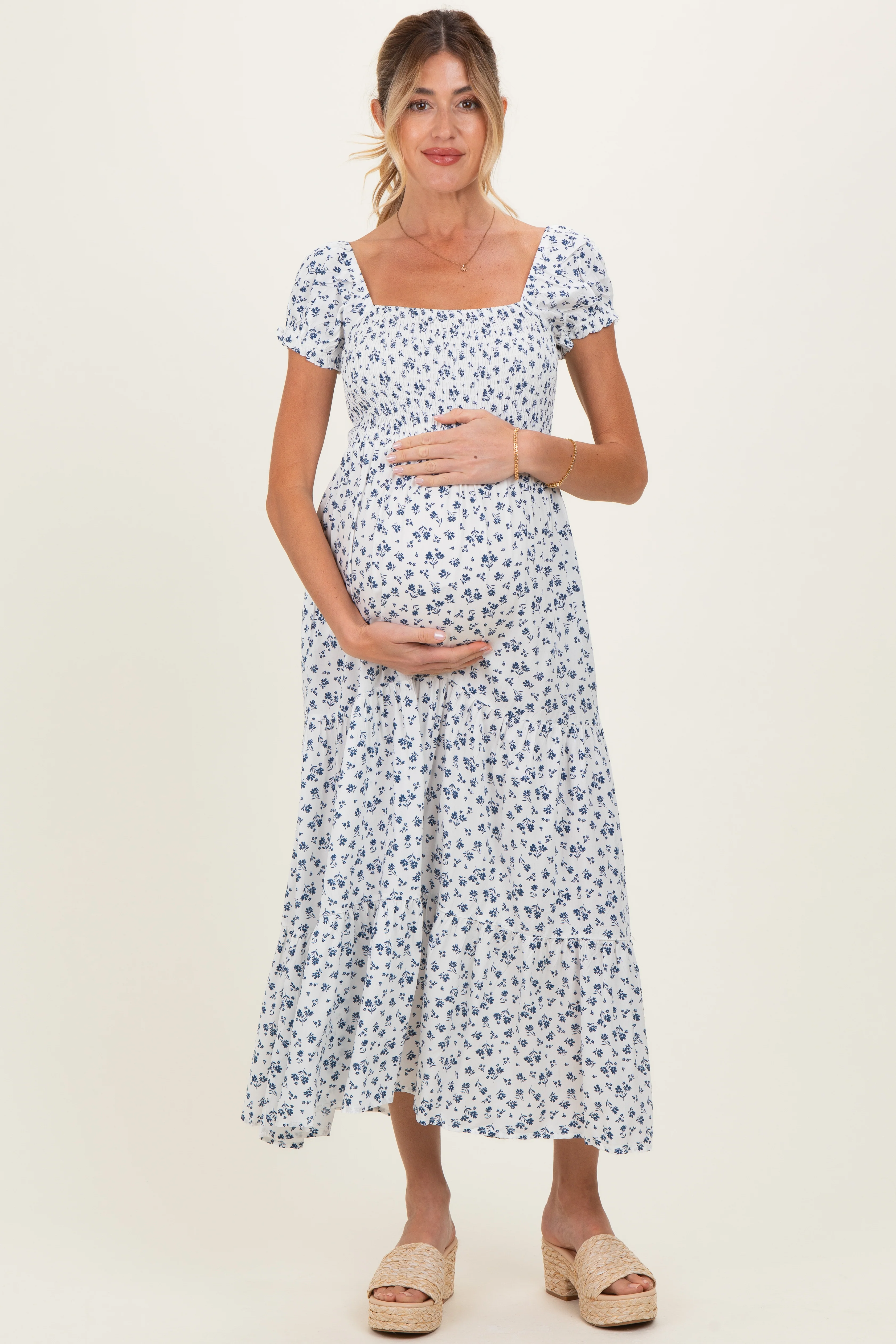 White Floral Smocked Puff Sleeve Maternity Maxi Dress