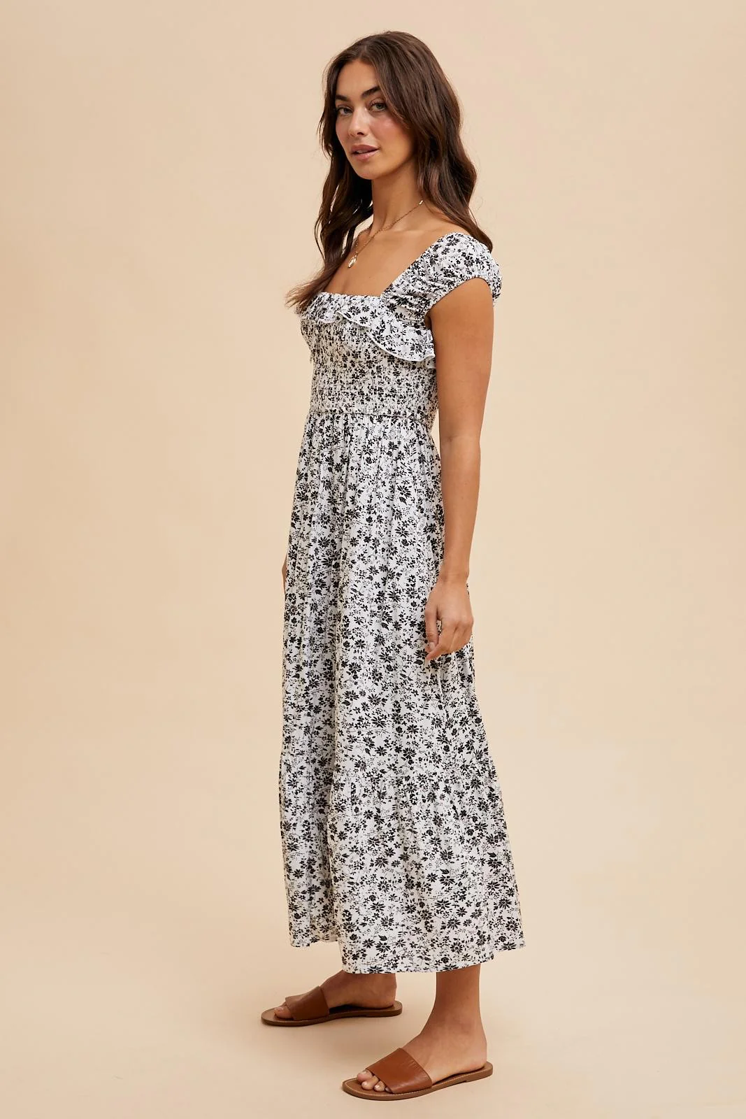 White Floral Smocked Ruffle Detail Midi Dress - Image 3