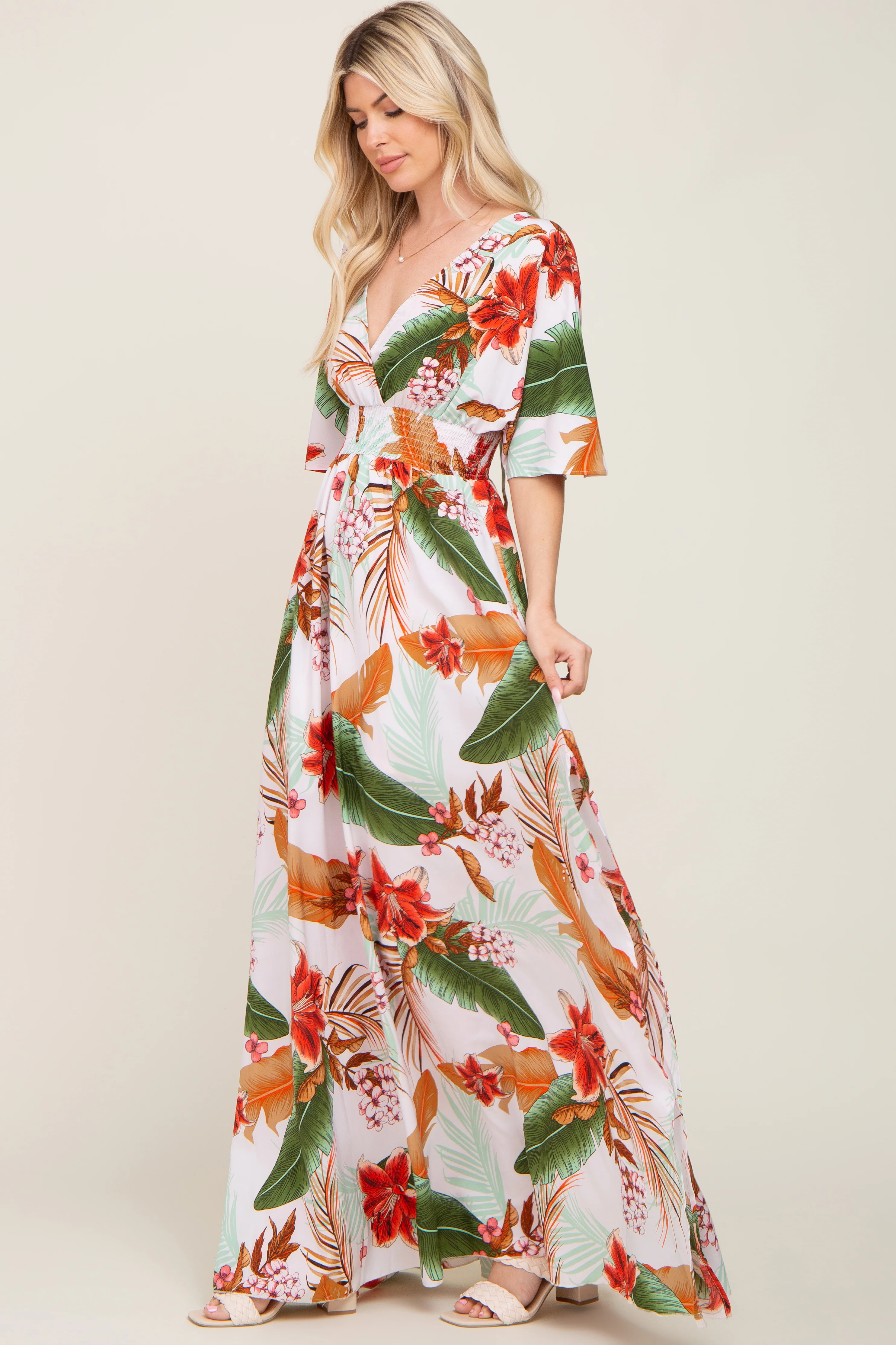 White Floral Smocked Waist Maxi Dress - Image 2