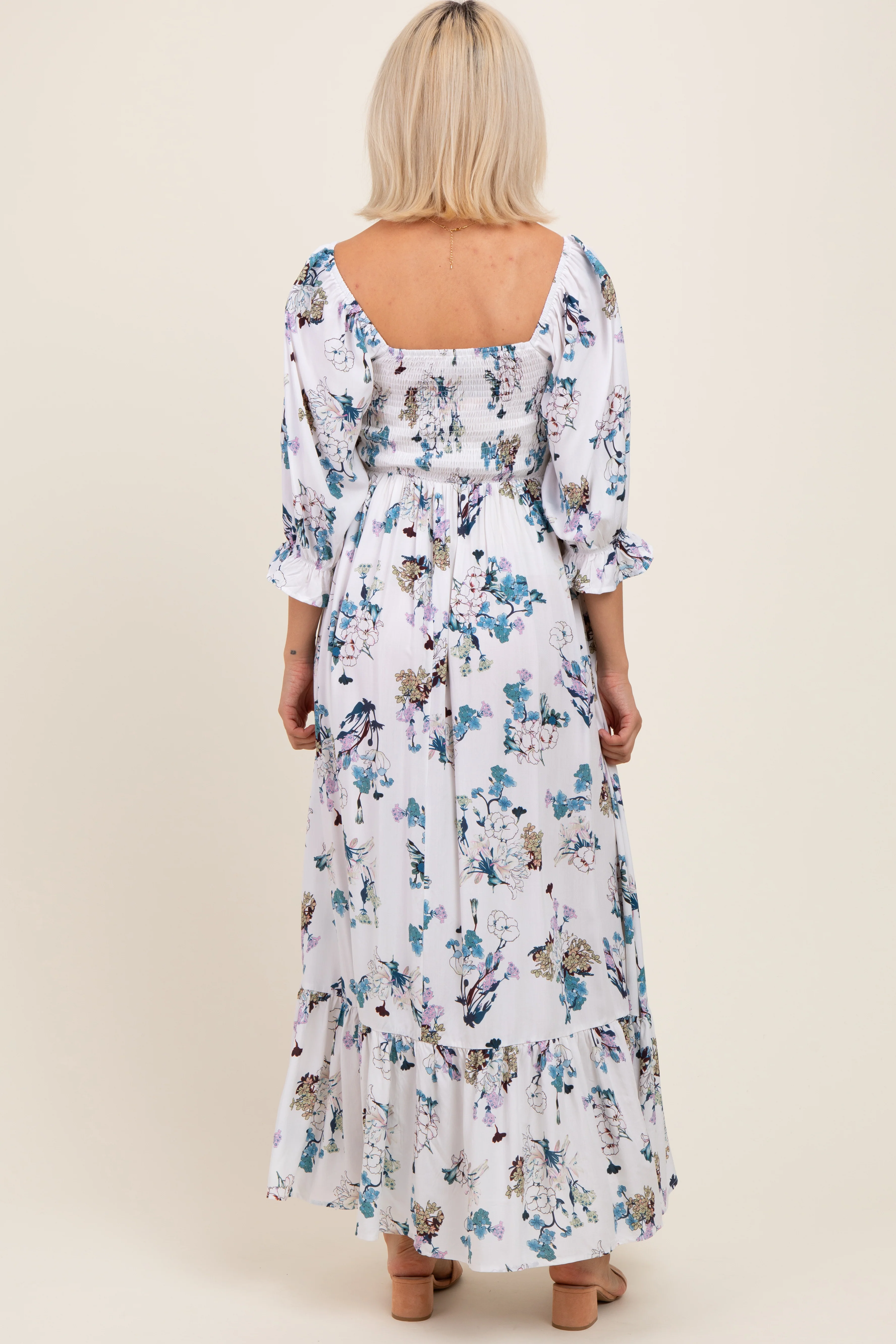 White Floral Sweetheart Puff Sleeve Maternity Maxi Dress - Image 3