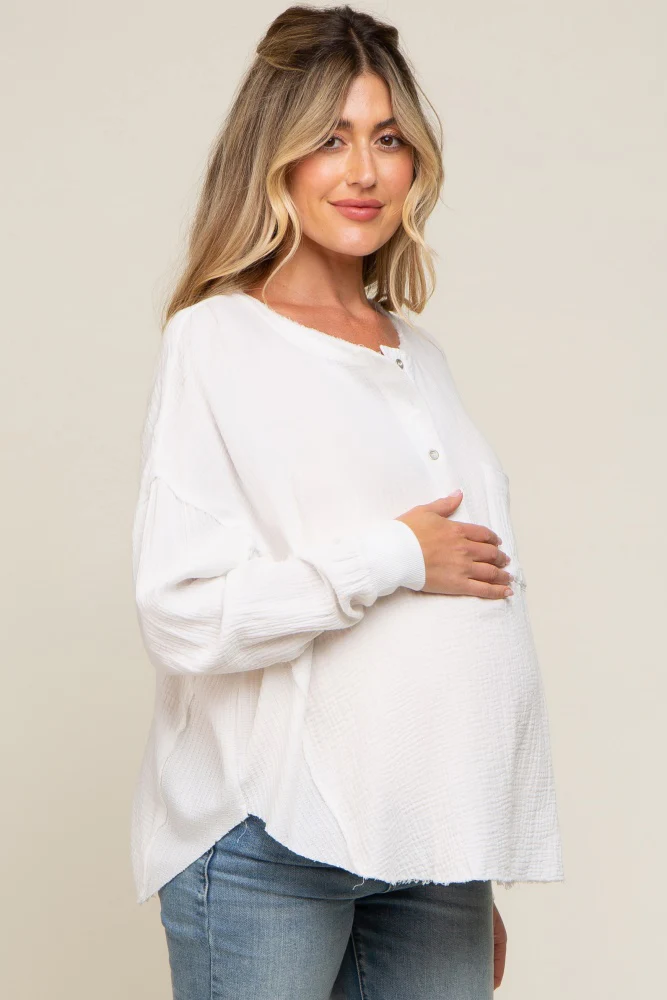 White Front Button Drop Shoulder Long Sleeve Maternity Top - Image 3