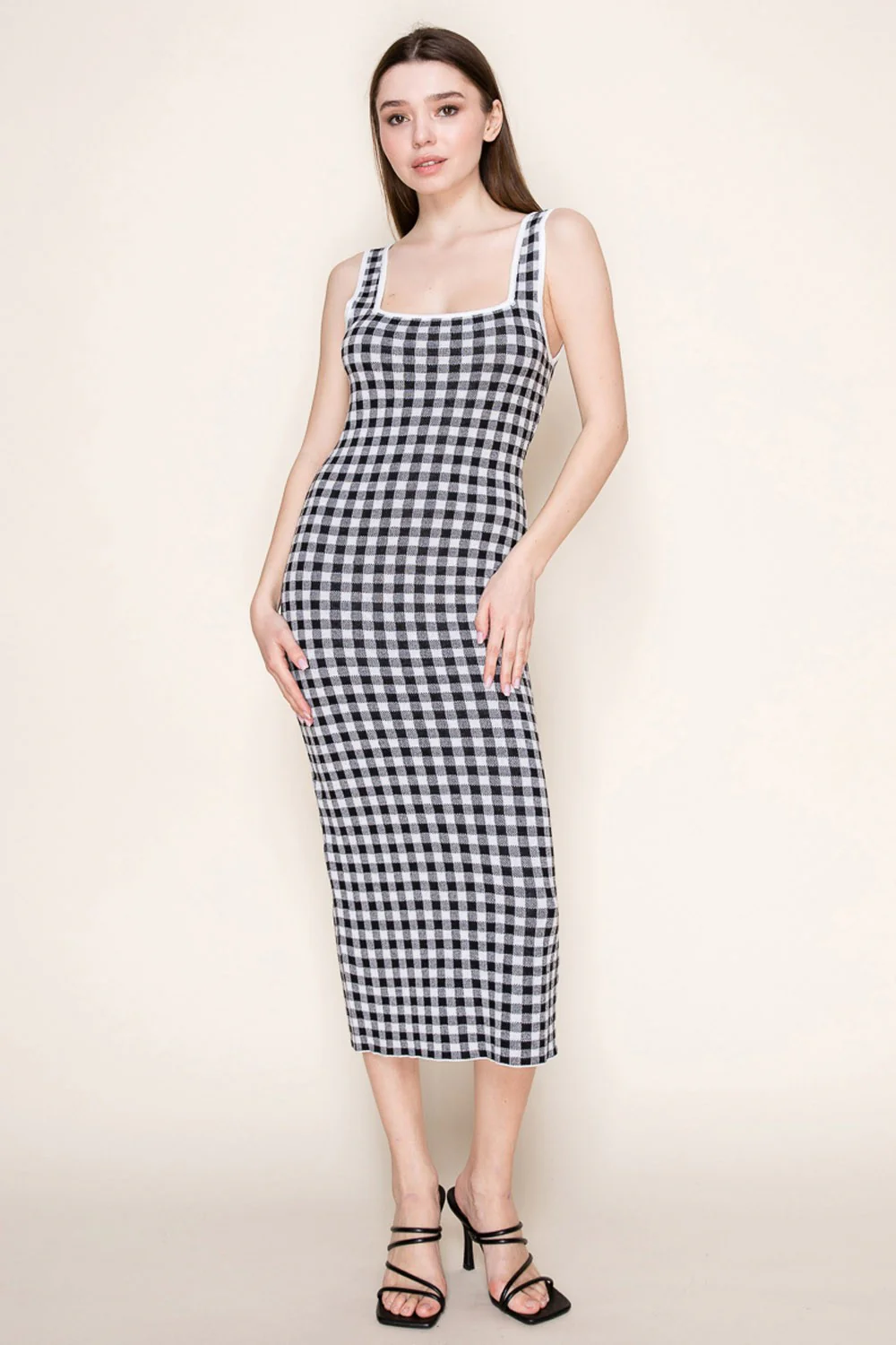 White Gingham Knit Square Neck Sleeveless Maternity Midi Dress - Image 5
