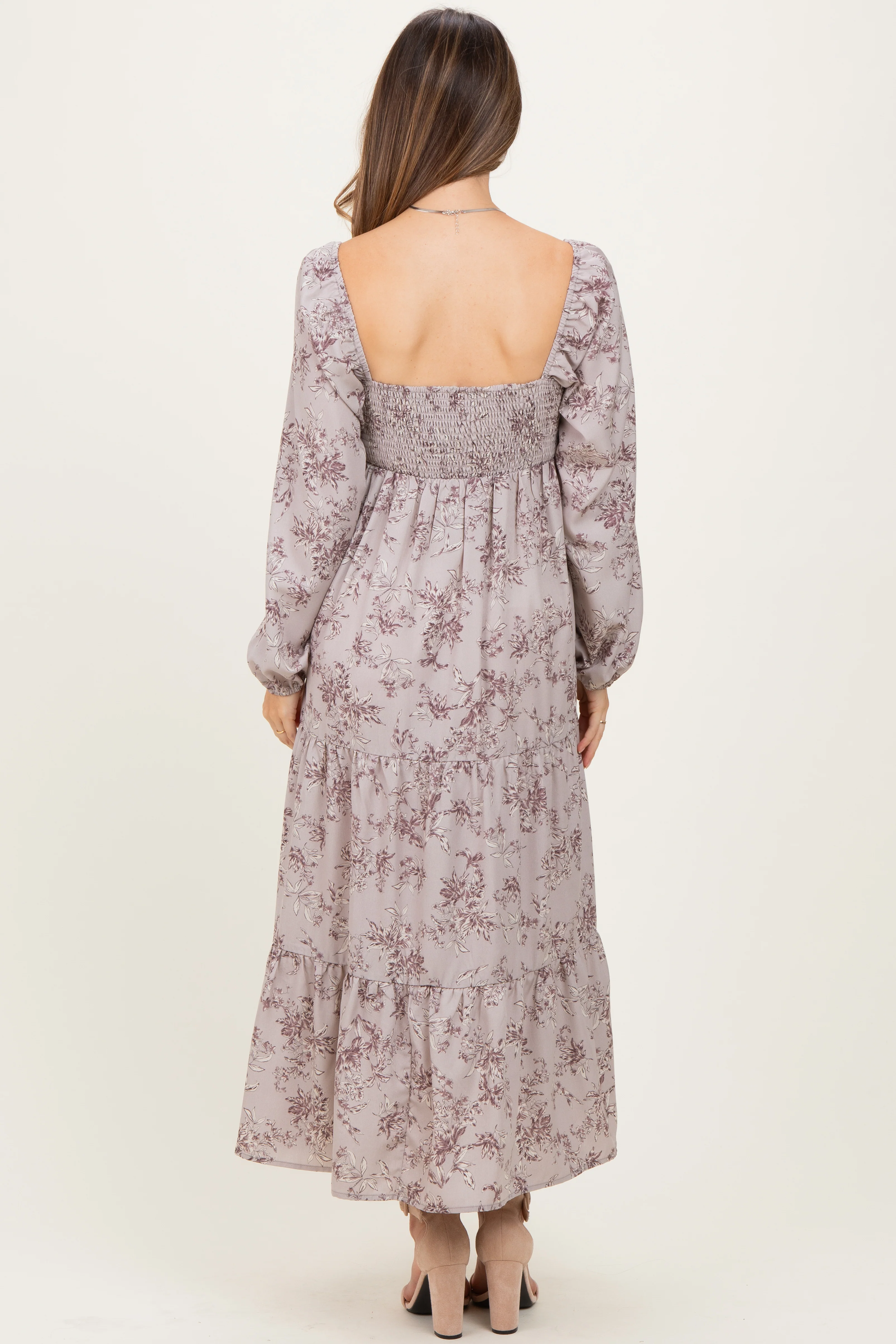 White Grey Antique Floral Neck Maternity Maxi Dress - Image 4