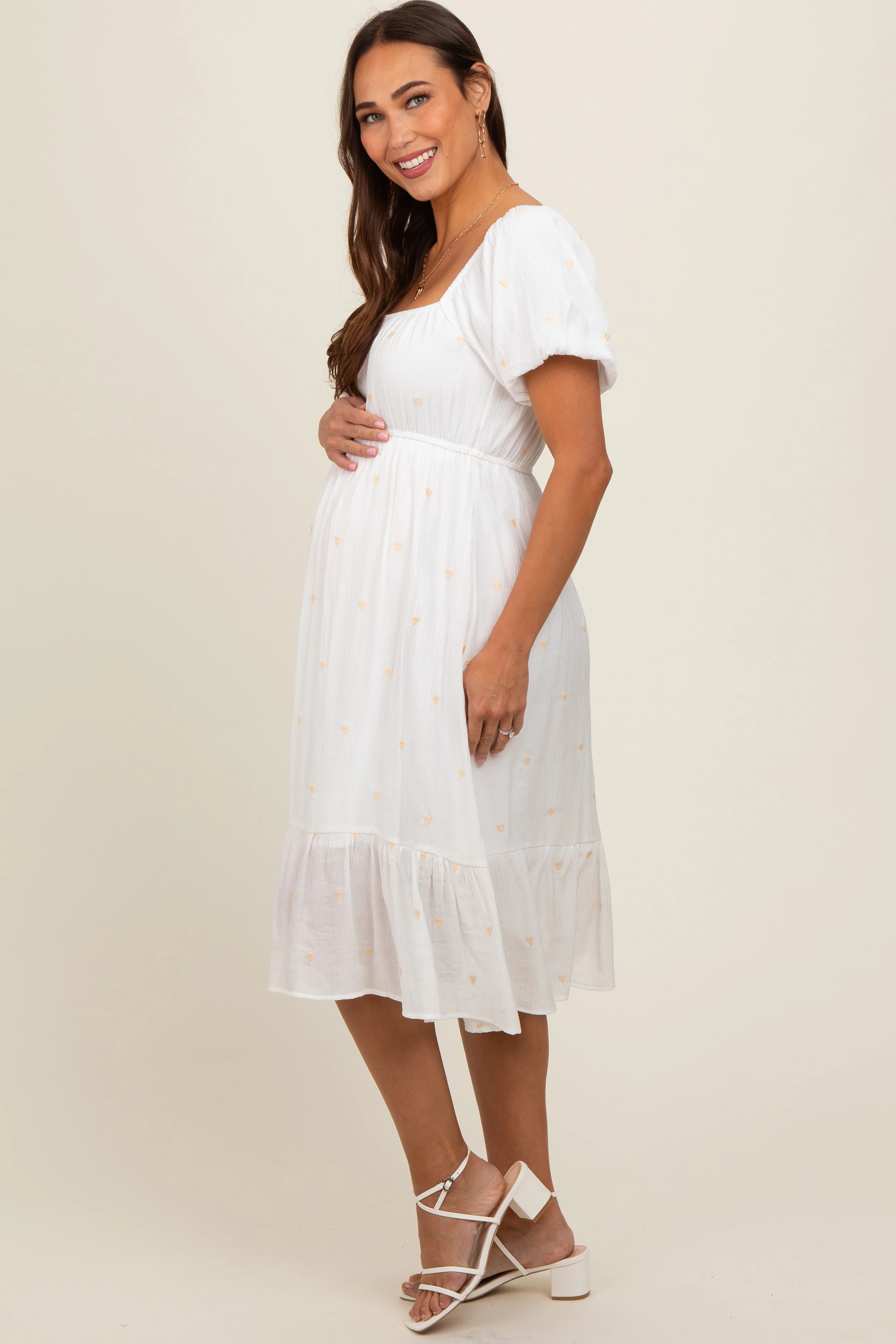 White Heart Embroidered Short Puff Sleeve Maternity Midi Dress - Image 3