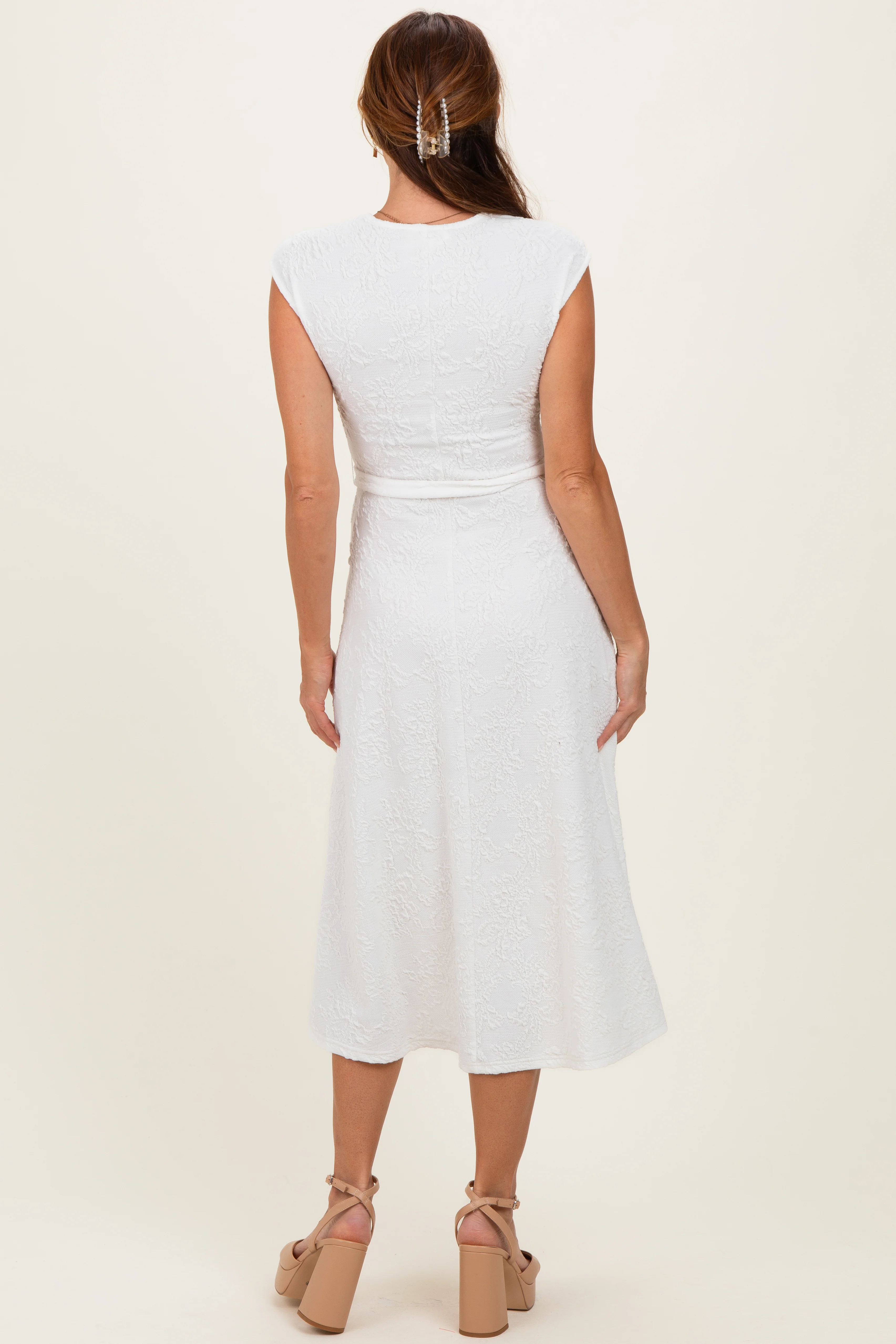 White Jacquard Waist Tie Midi Dress - Image 3