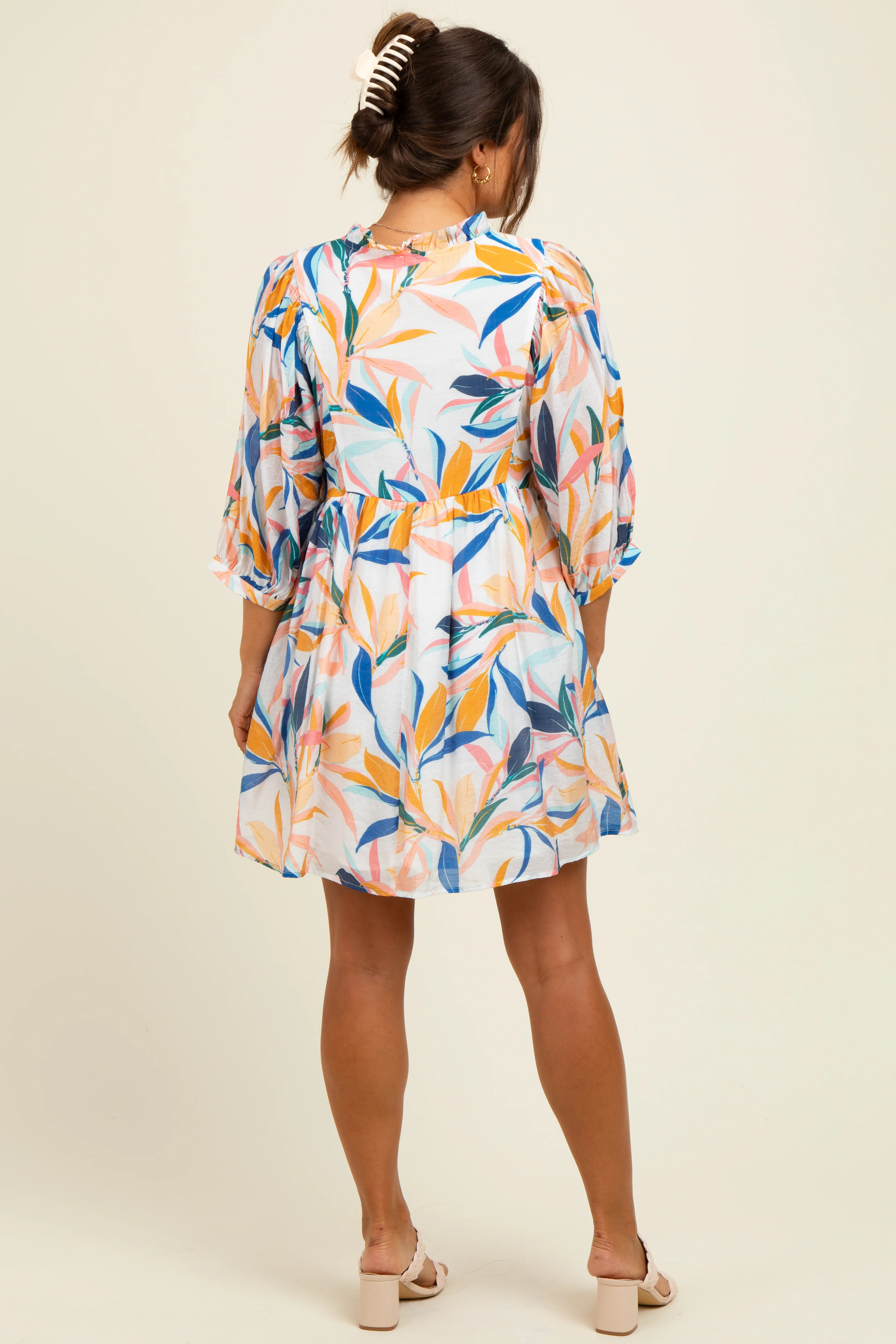 White Leaf Print Front Tie 3/4 Sleeve Maternity Dress - Image 4