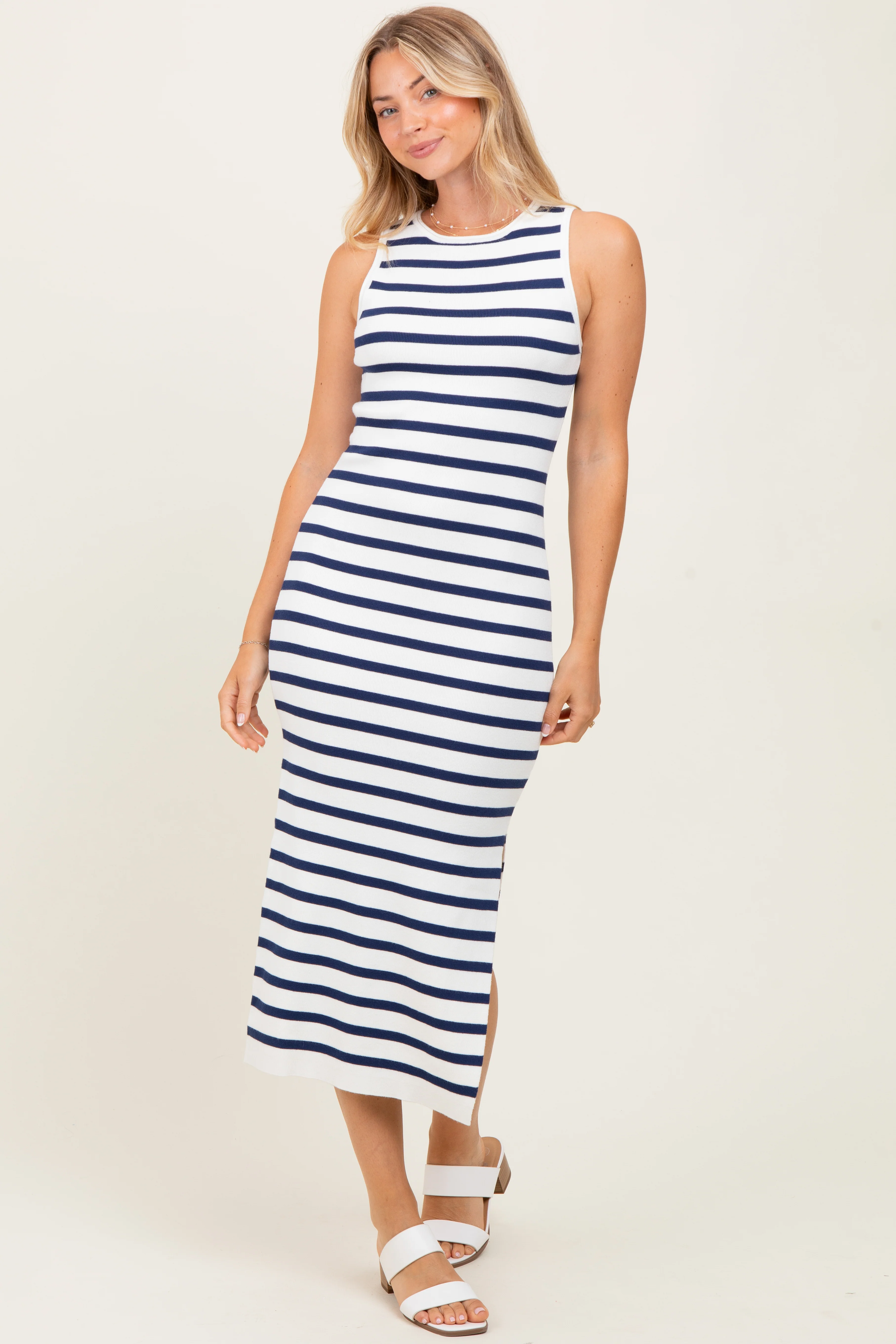 White Navy Striped Knit Sleeveless Side Slit Maternity Midi Dress - Image 6