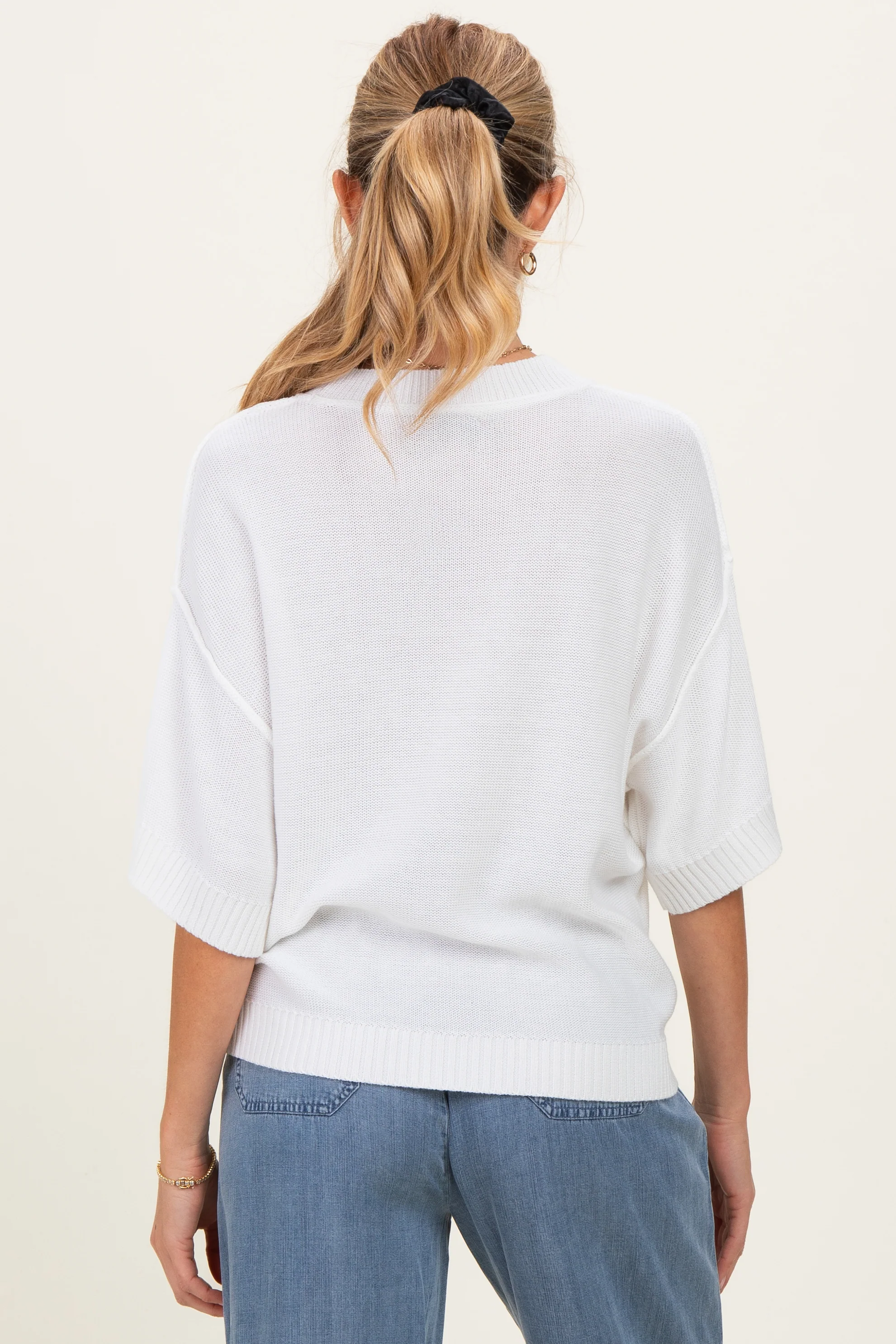 White Oversize Cut Sweater Maternity Top With Raw Edge - Image 4