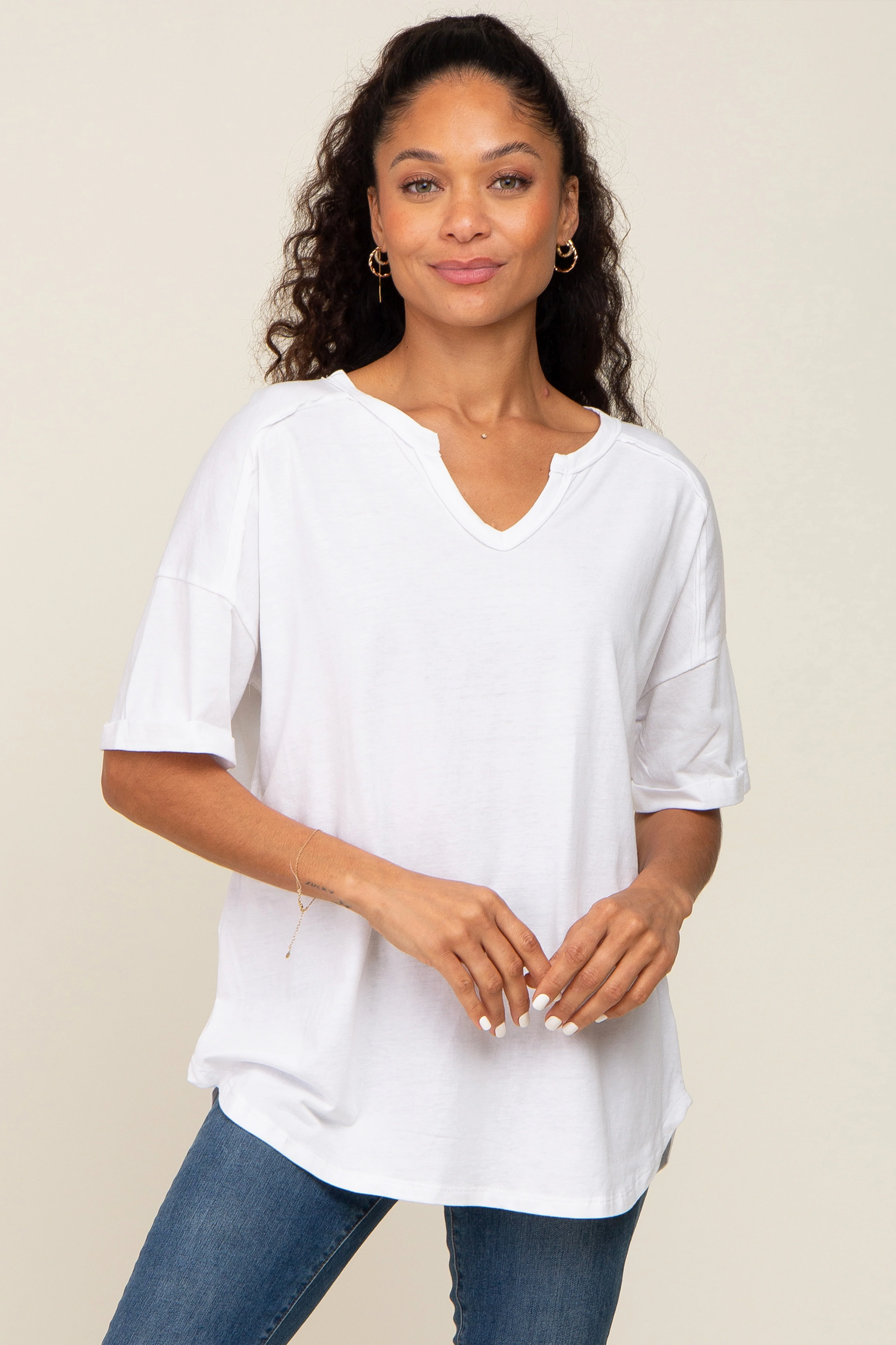 White Oversized V-Neck Cuffed Short Sleeve Maternity Tee - Image 4