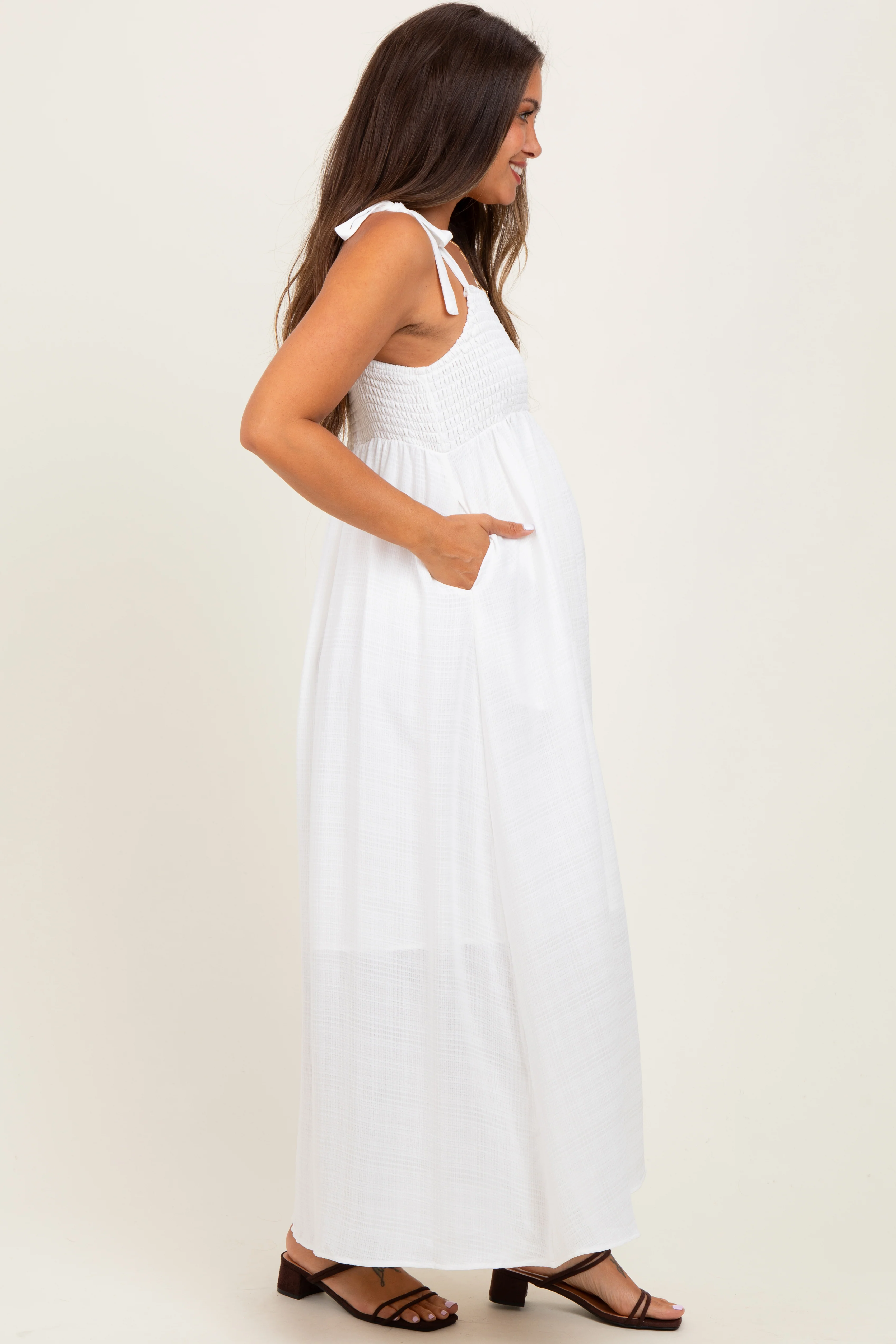 White Plaid Smocked Shoulder Tie Maternity Maxi Dress - Image 3