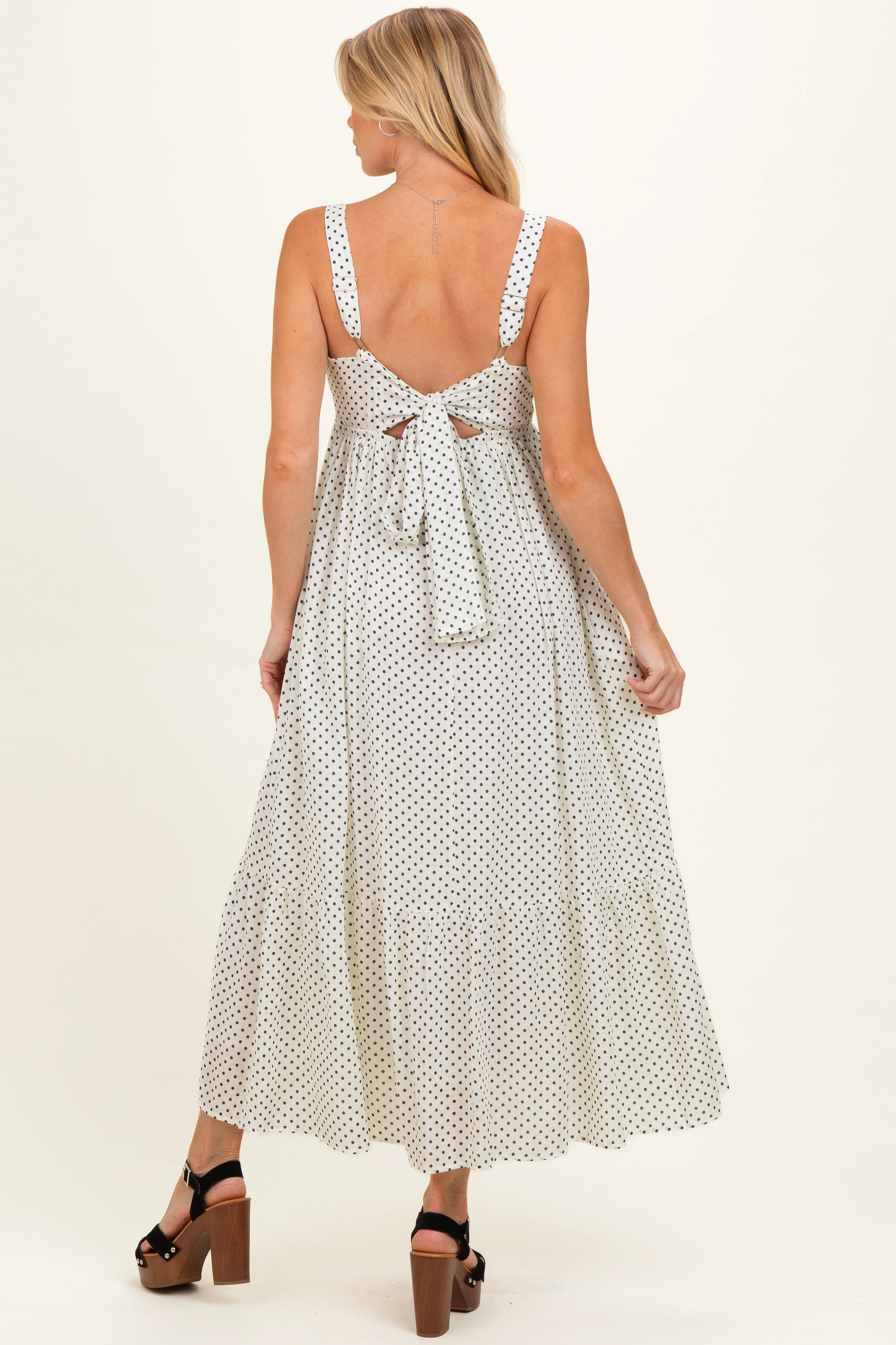 White Polka Dot Back Bow Maternity Maxi Dress - Image 3