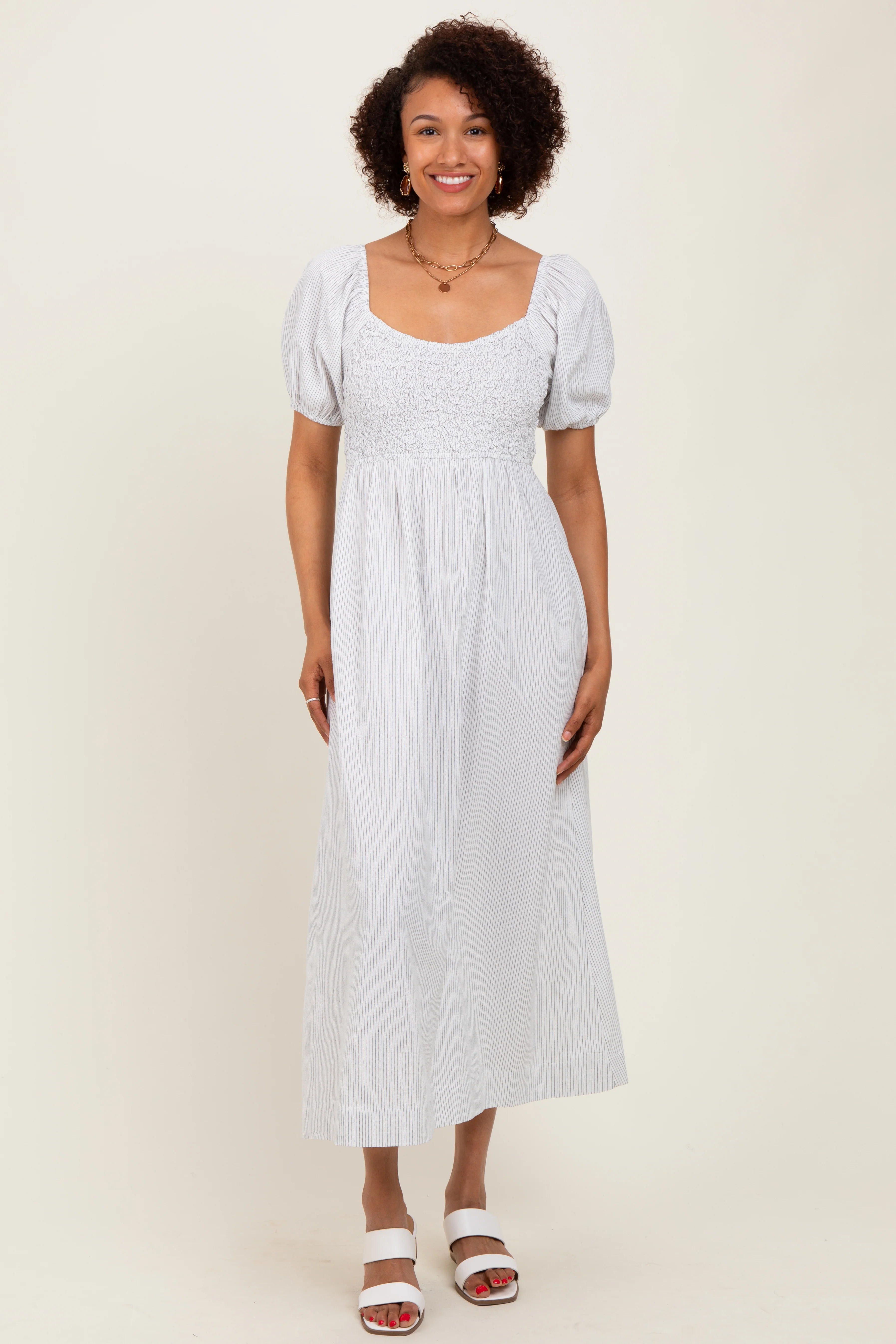 White Popcorn Smocking Bubble Sleeve Maternity Midi Dress - Image 5