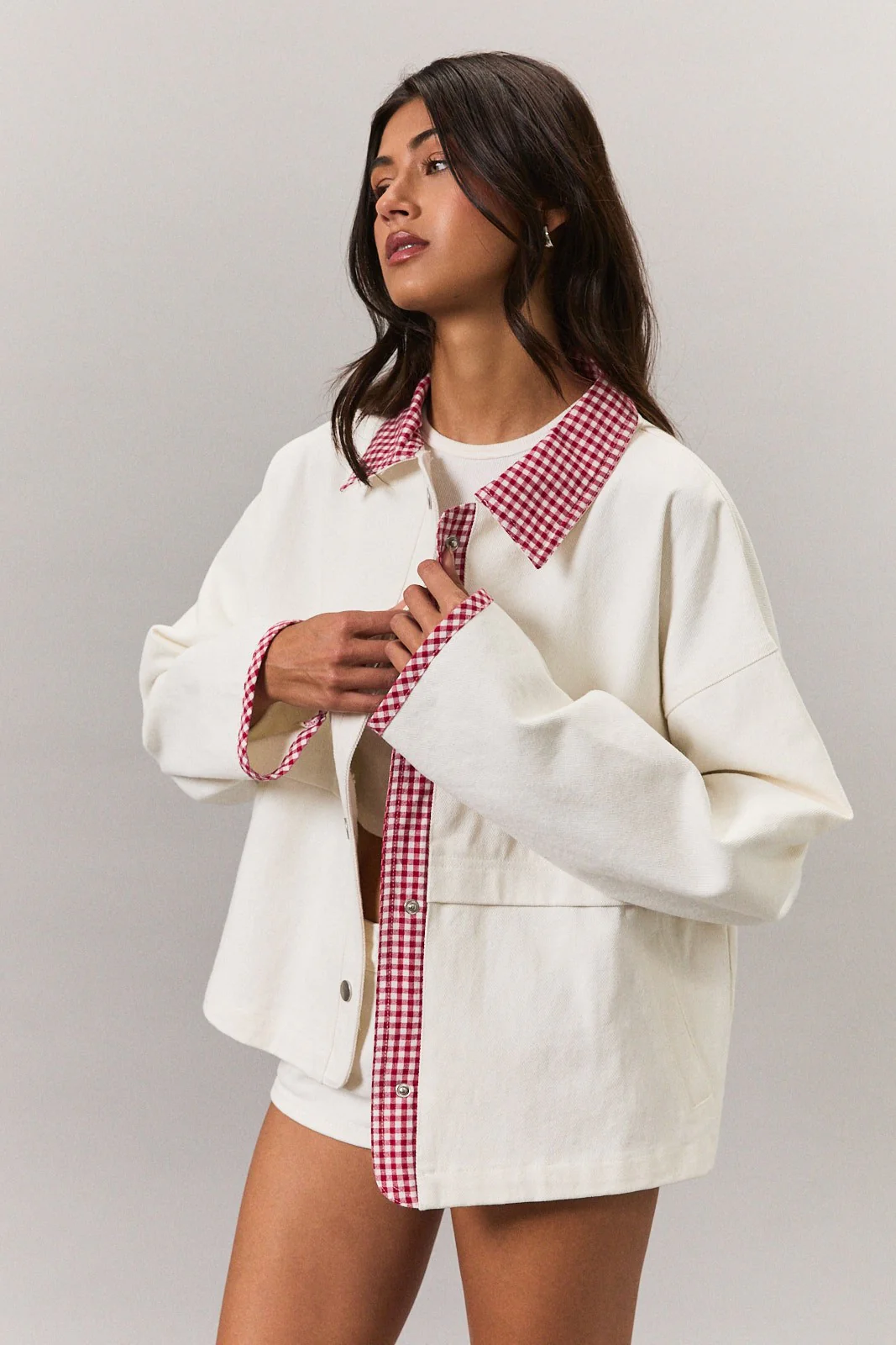 White Red Plaid Contrast Jacket - Image 3