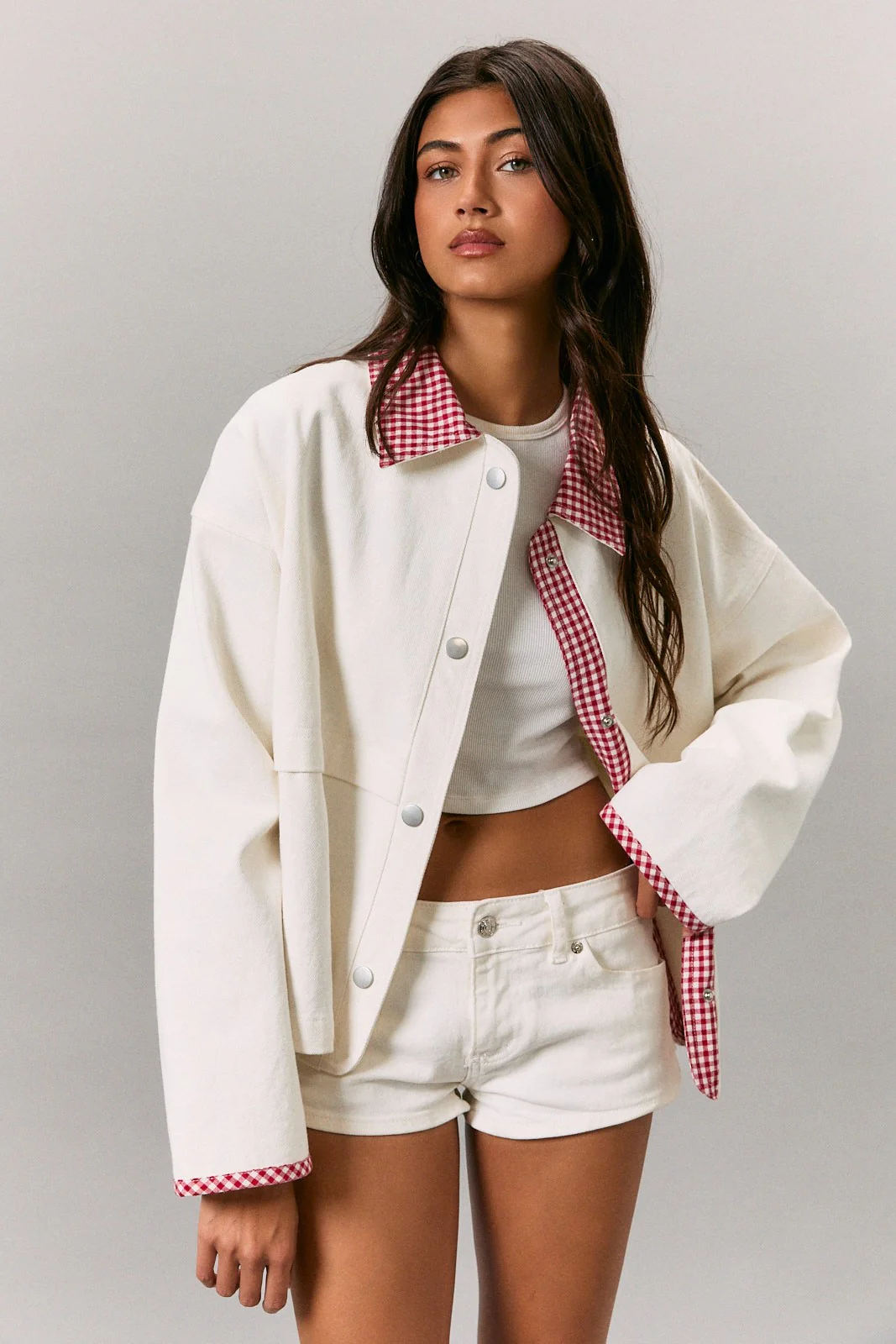 White Red Plaid Contrast Maternity Jacket - Image 5