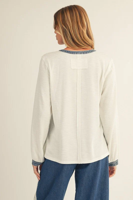 White Rib Knit Casual Henley Top - Image 3
