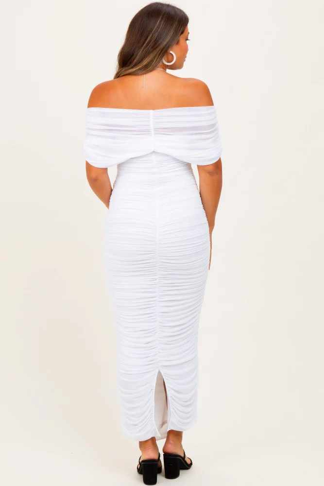 White Ruched Mesh Foldover Off Shoulder Maternity Maxi Dress - Image 3