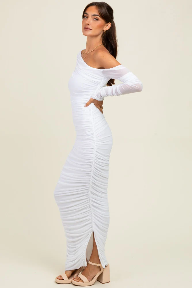 White Ruched Mesh One Shoulder Long Sleeve Maxi Dress - Image 3