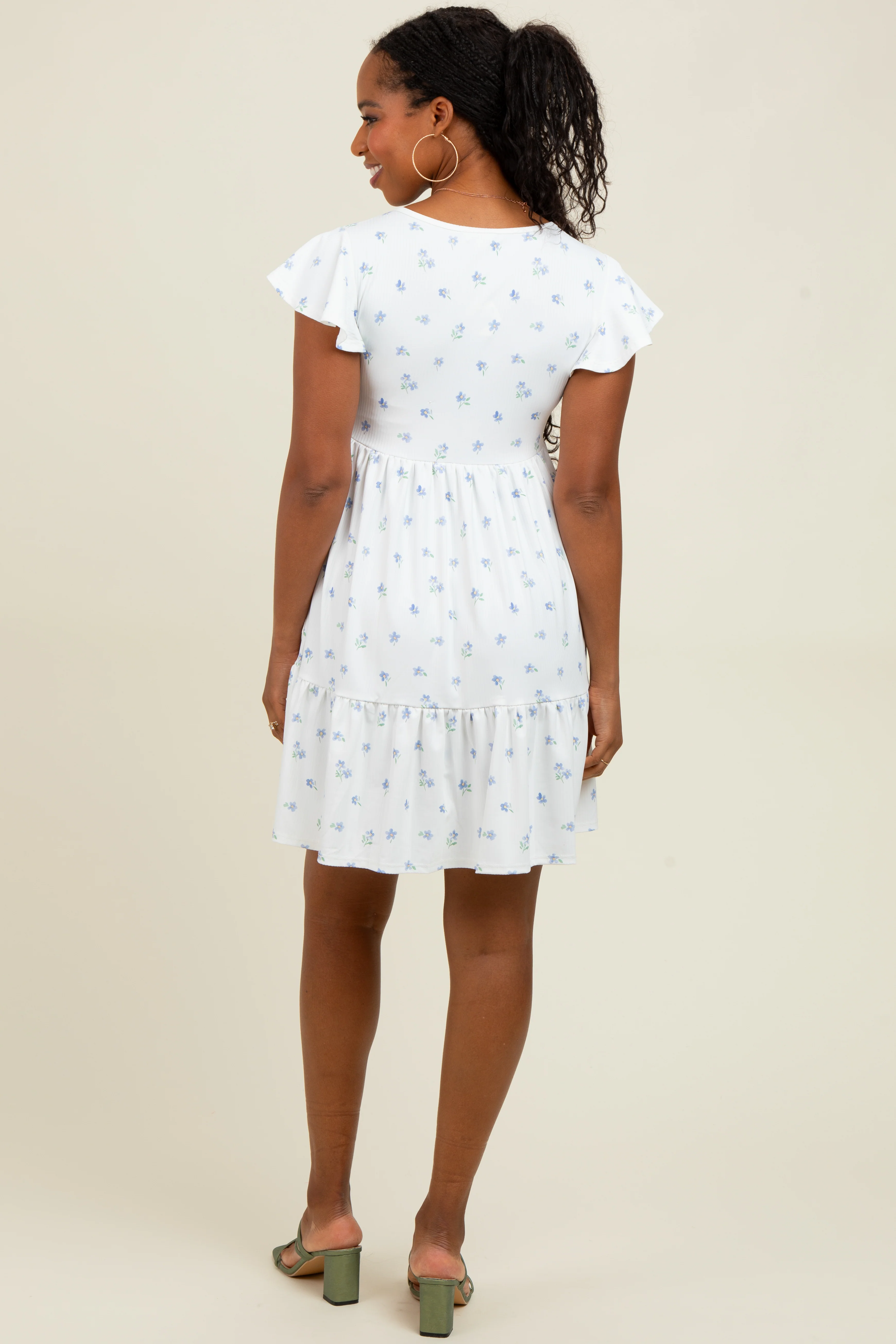 White Ruffle Sleeve Tiered Floral Knit Rib Mini Dress - Image 4