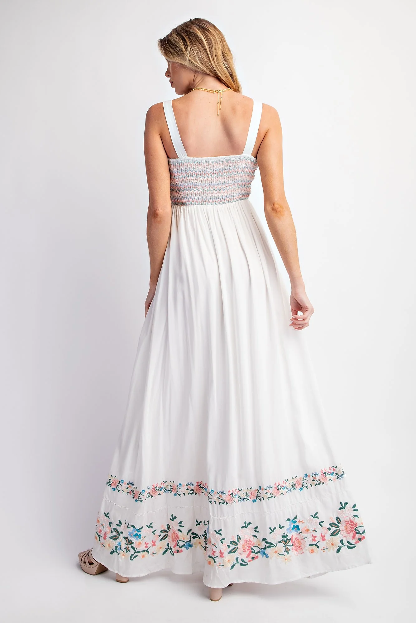 White Smocked Embroidered Floral Border Maxi Dress - Image 3