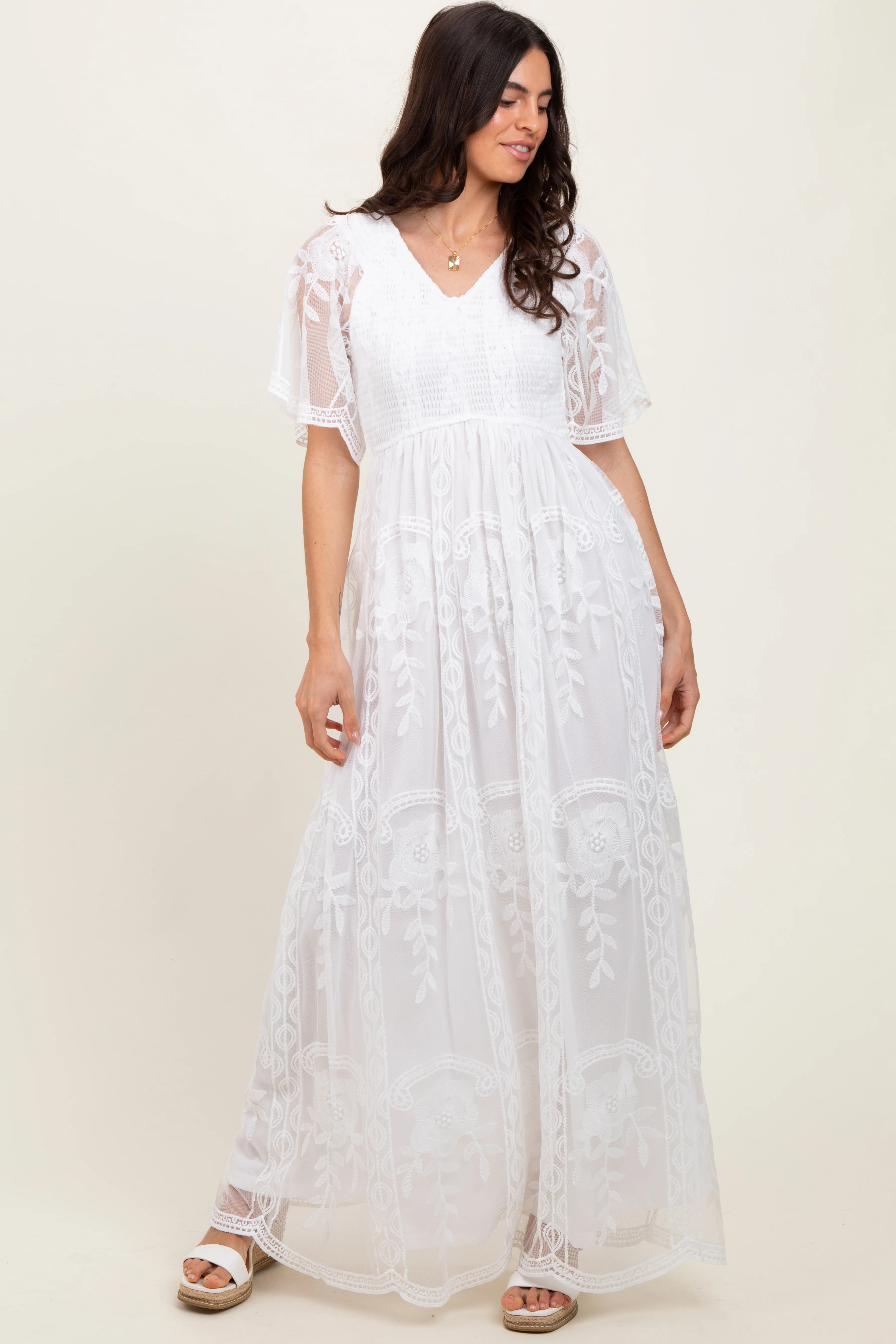 White Smocked Top Lace Maternity Maxi Dress - Image 5