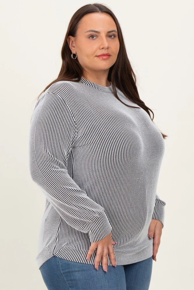 White Stripe Textured Ribbed Long Sleeve Plus Top - Image 3