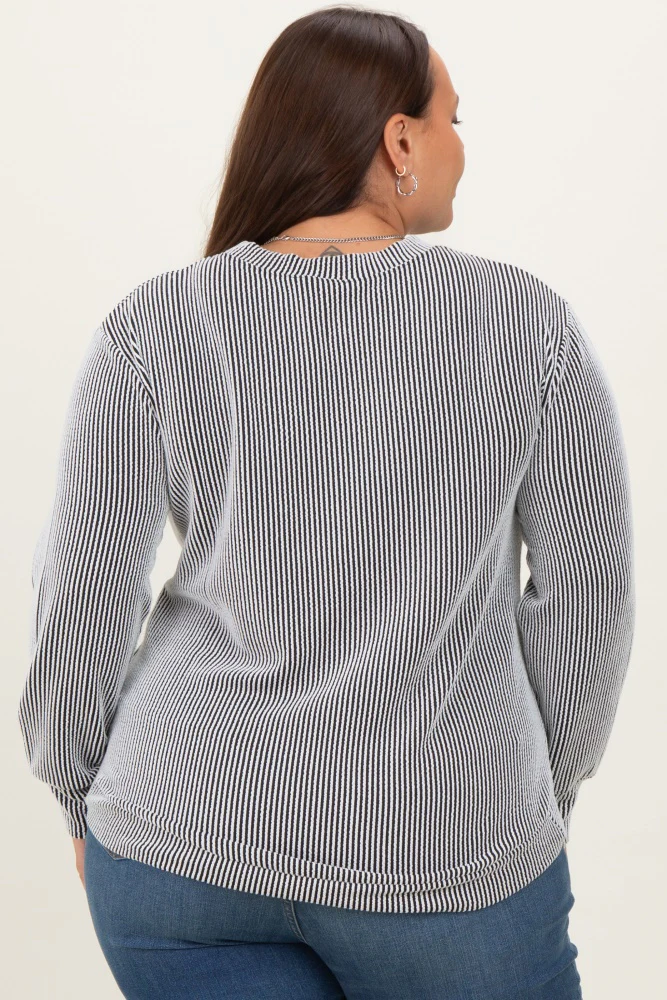 White Stripe Textured Ribbed Long Sleeve Plus Top - Image 4