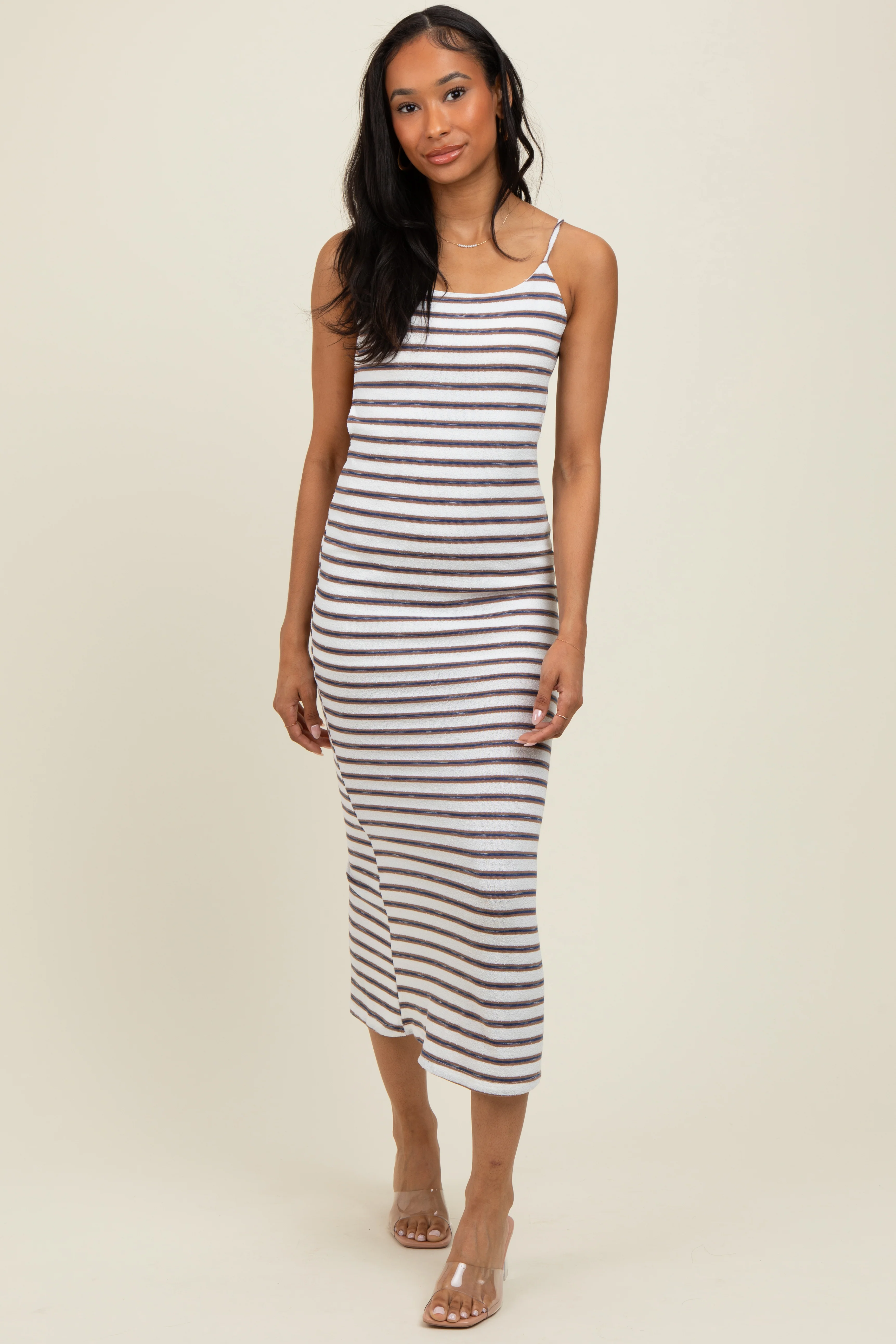 White Striped Backless Tie Maxi Dress - Image 2