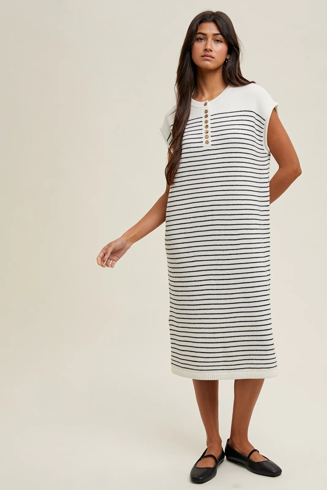 White Striped Knit Button Detail Midi Dress - Image 4