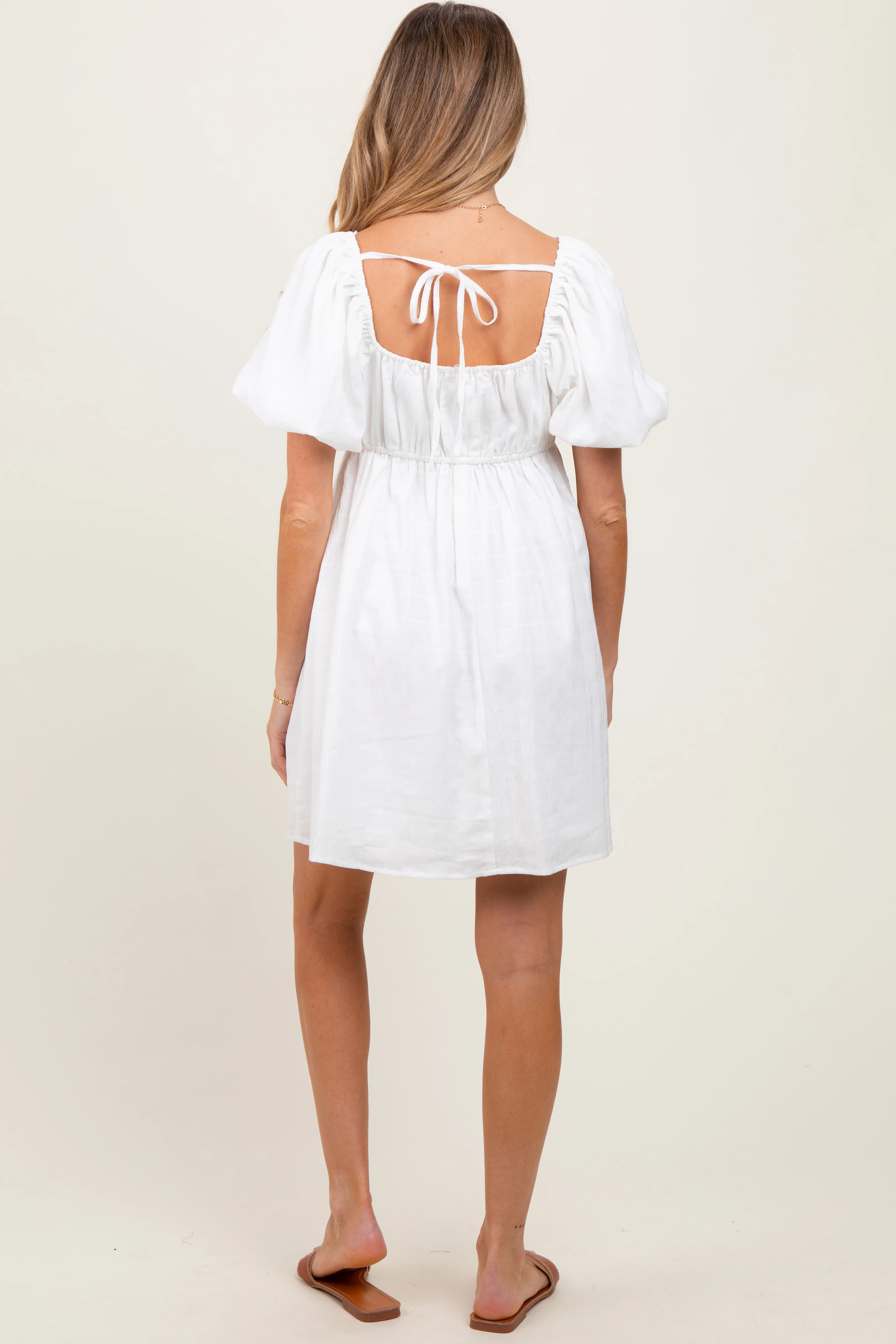 White Textured Bubble Sleeve Maternity Mini Dress - Image 4