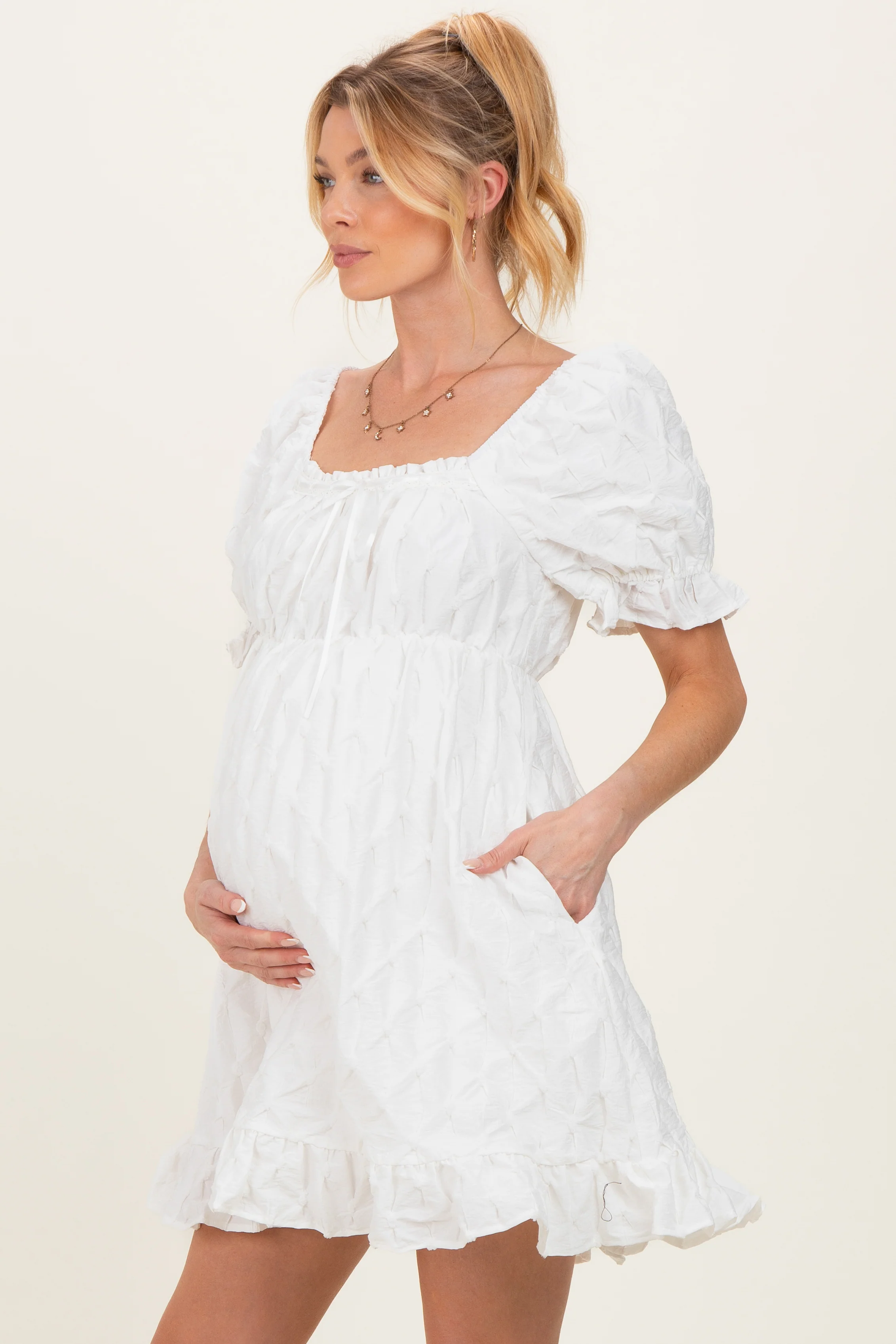 White Textured Puff Sleeve Maternity Dress - Image 3