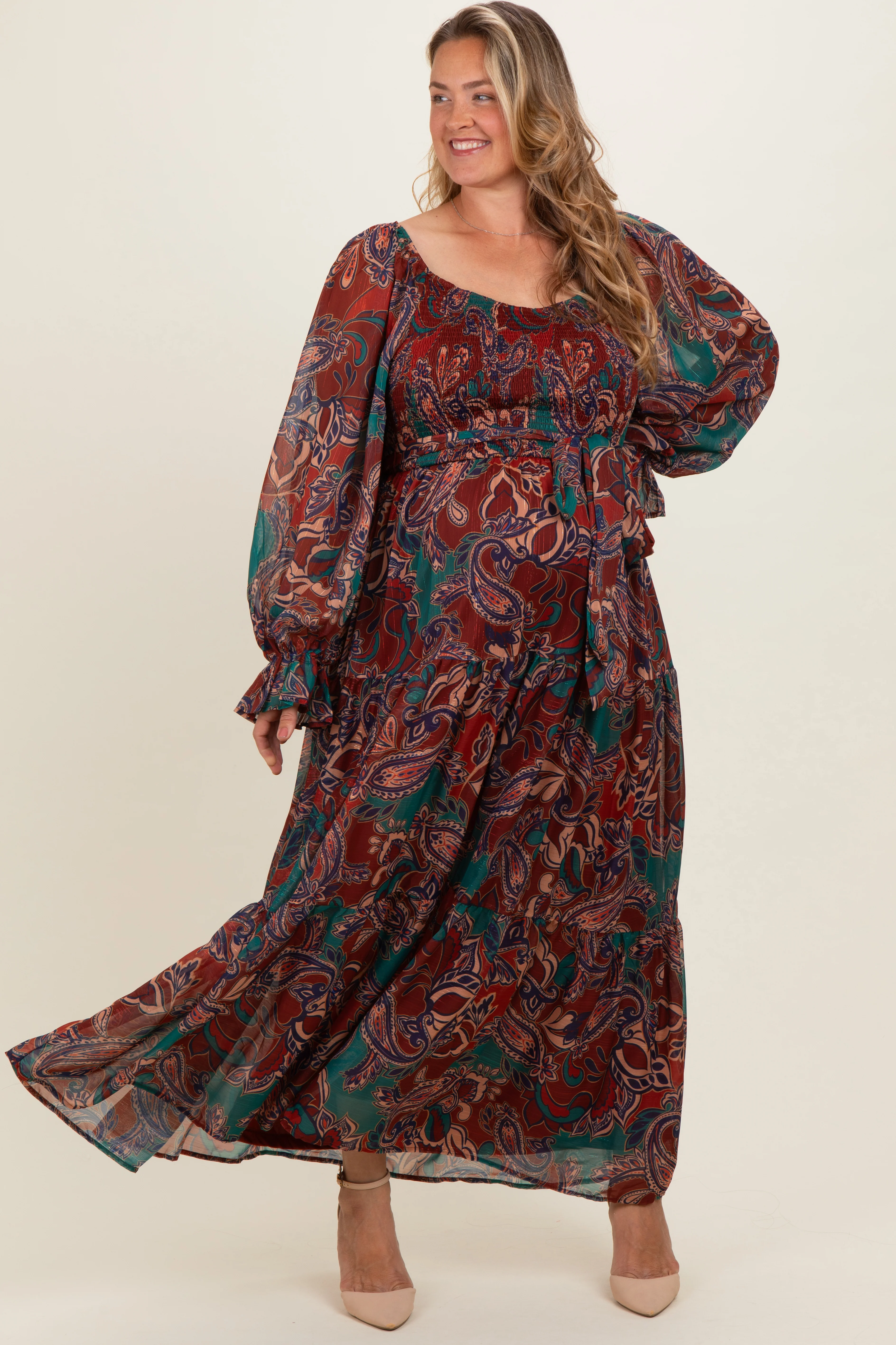 Wine Paisley Smocked Tiered Maternity Plus Maxi Dress - Image 2