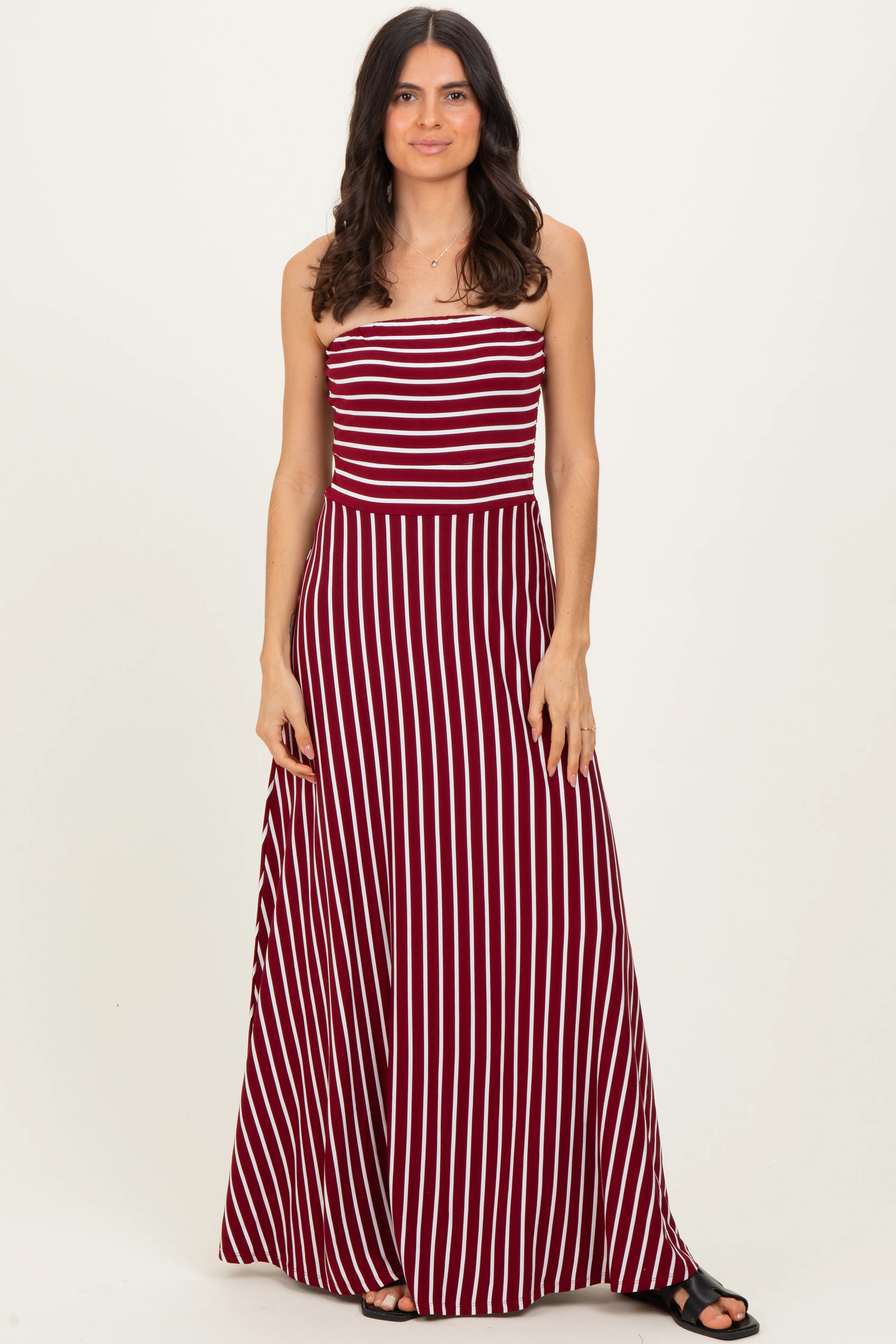 Wine Striped Strapless Maternity Maxi Dress - Image 4