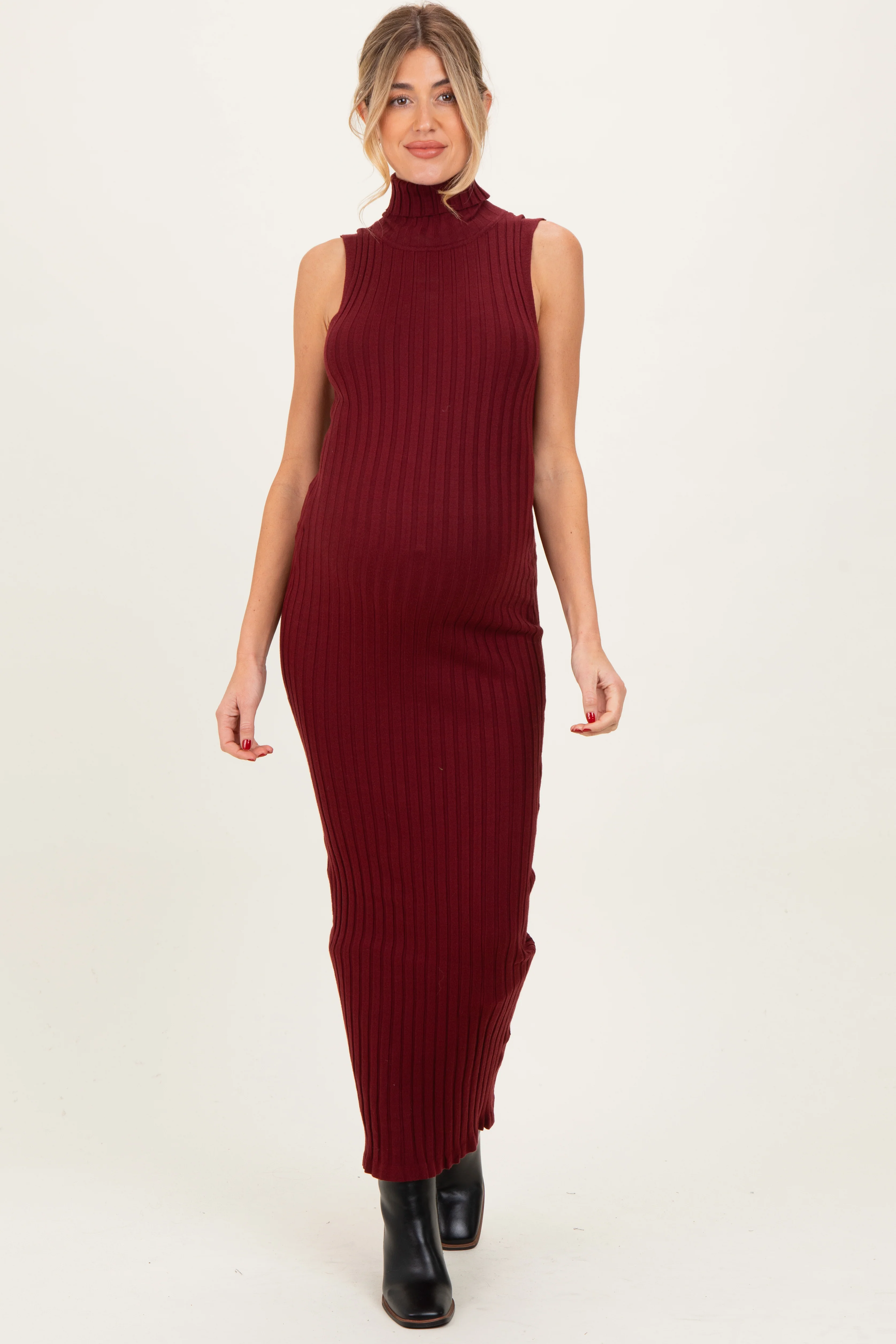 Wine Turtleneck Ribbed Knit Sleeveless Maternity Maxi Dress - Image 3