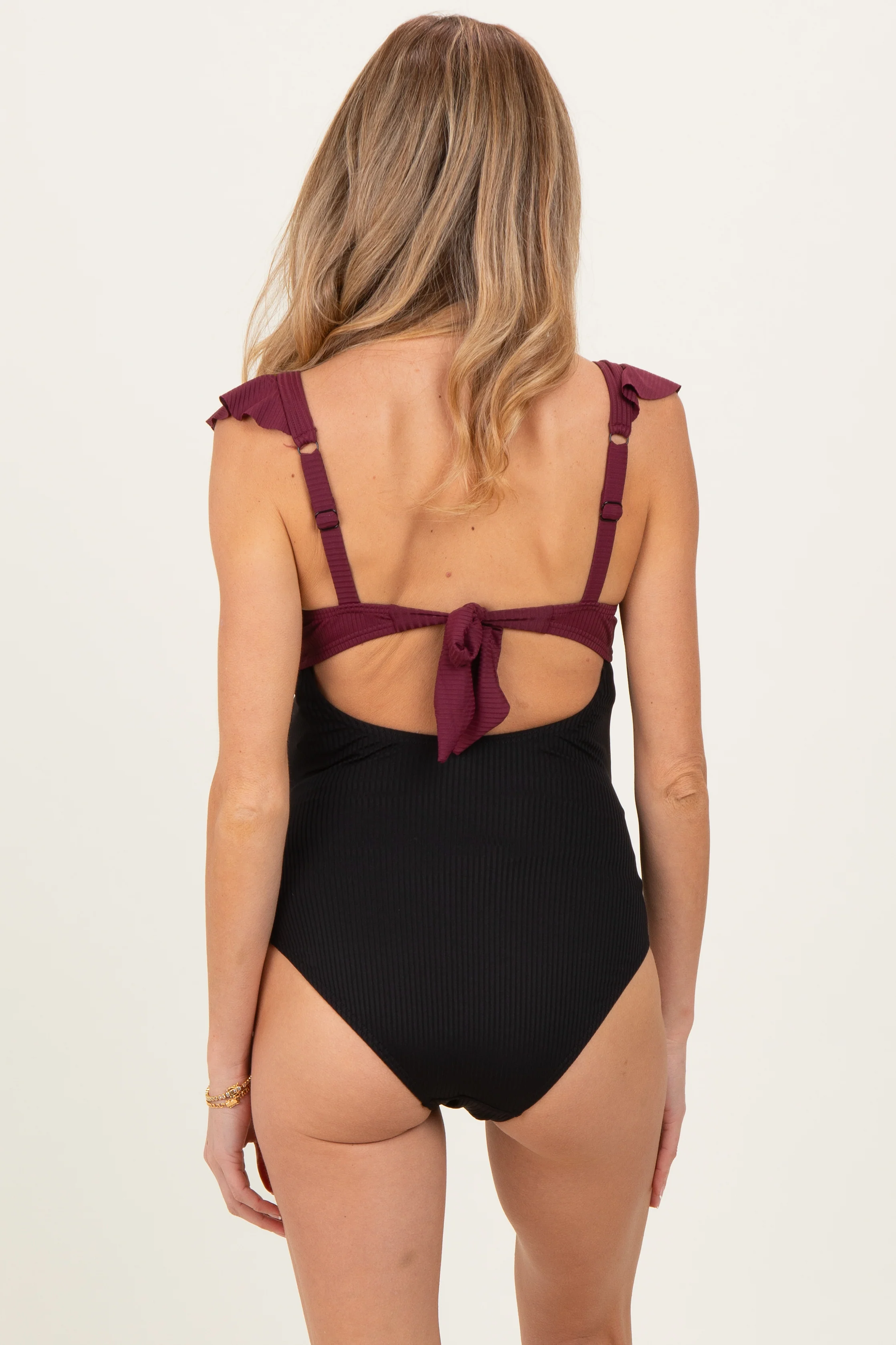 Wine Two Tone Ribbed Front Tie Cutout Ruched Maternity Swimsuit - Image 3