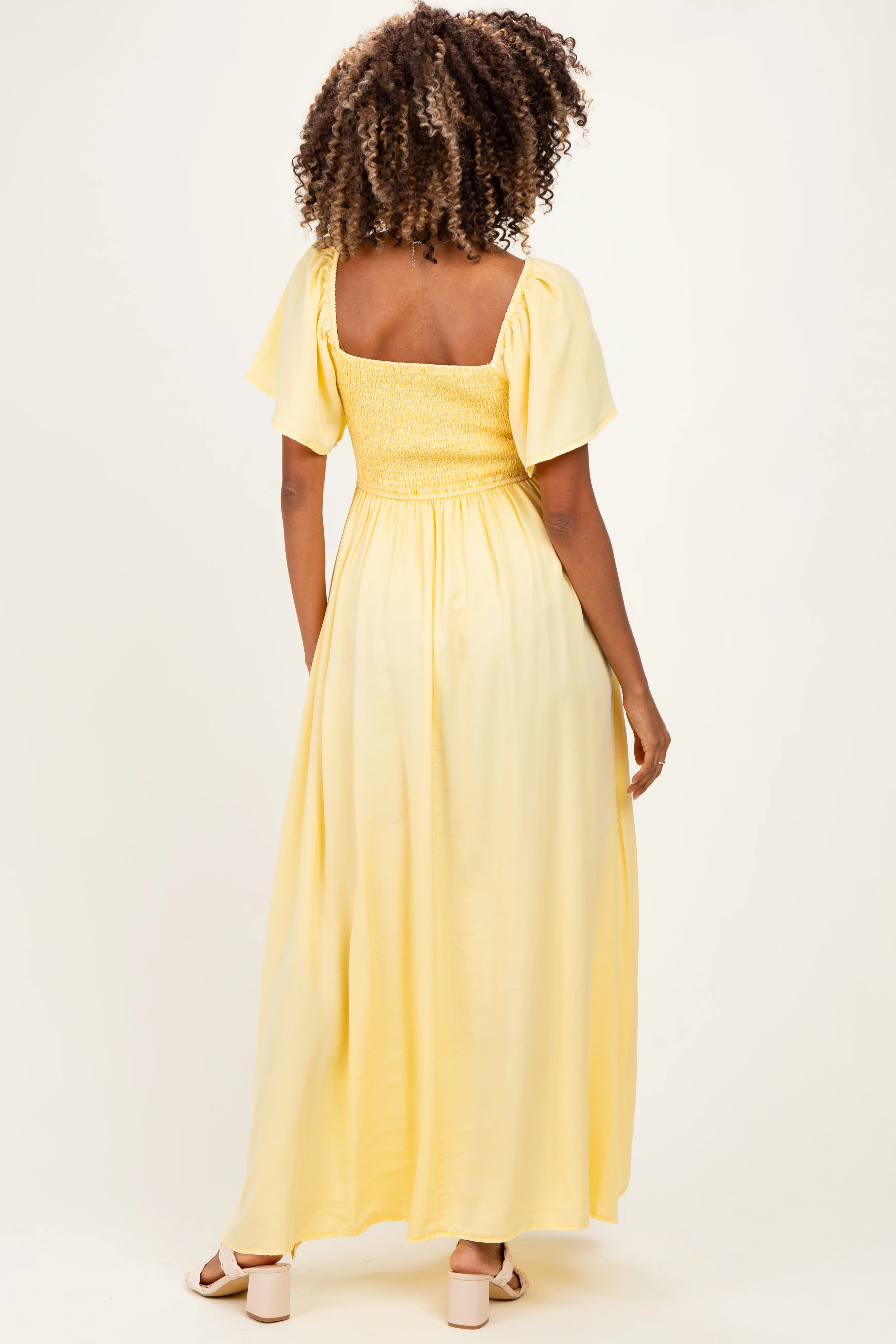 Yellow Chambray Smocked Maternity Maxi Dress - Image 3