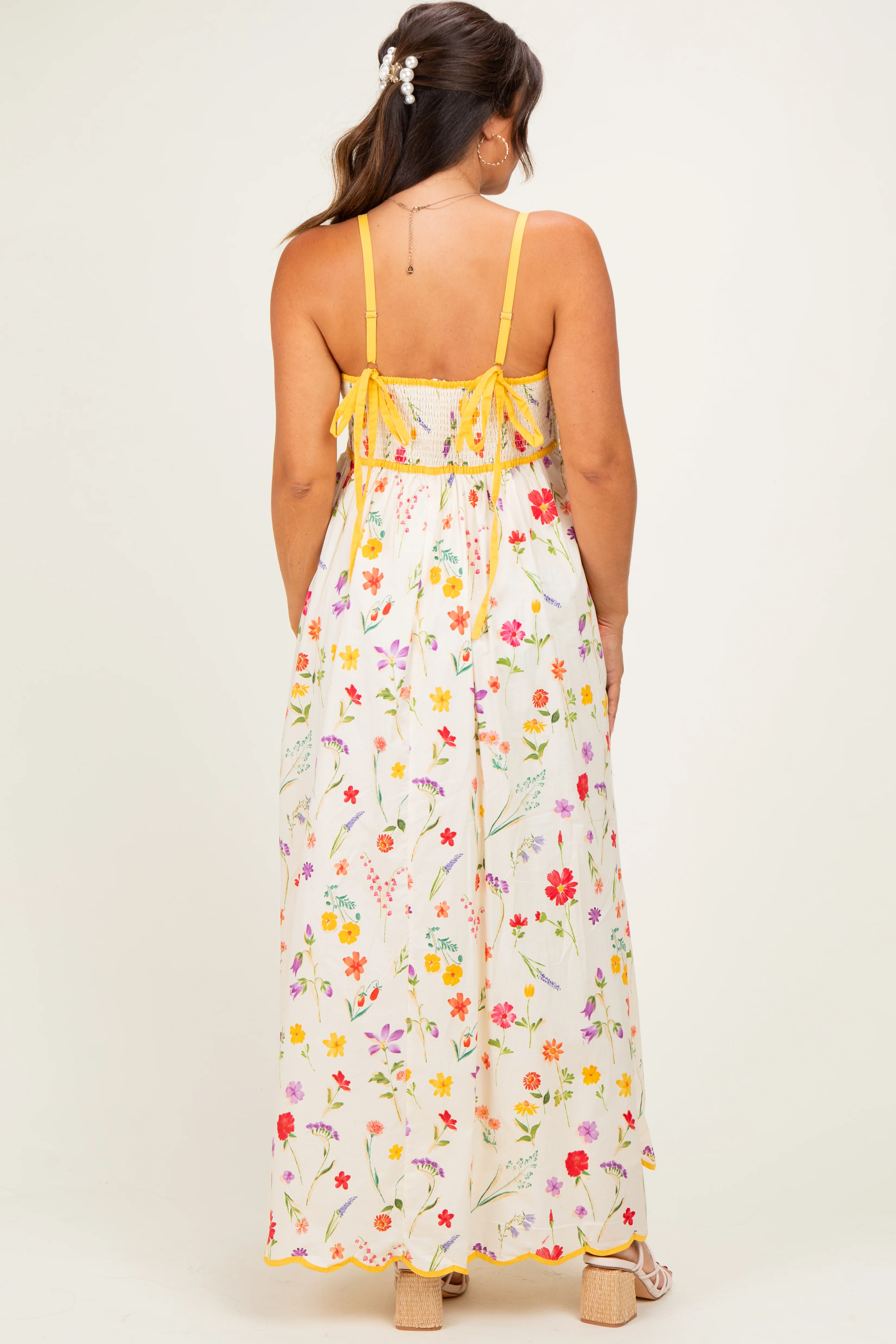 Yellow Daffodil Creme Floral Scalloped Contrast Maternity Maxi Dress - Image 3