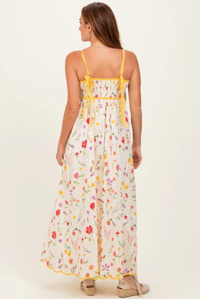 Yellow Daffodil Creme Floral Scalloped Contrast Maxi Dress - Image 7