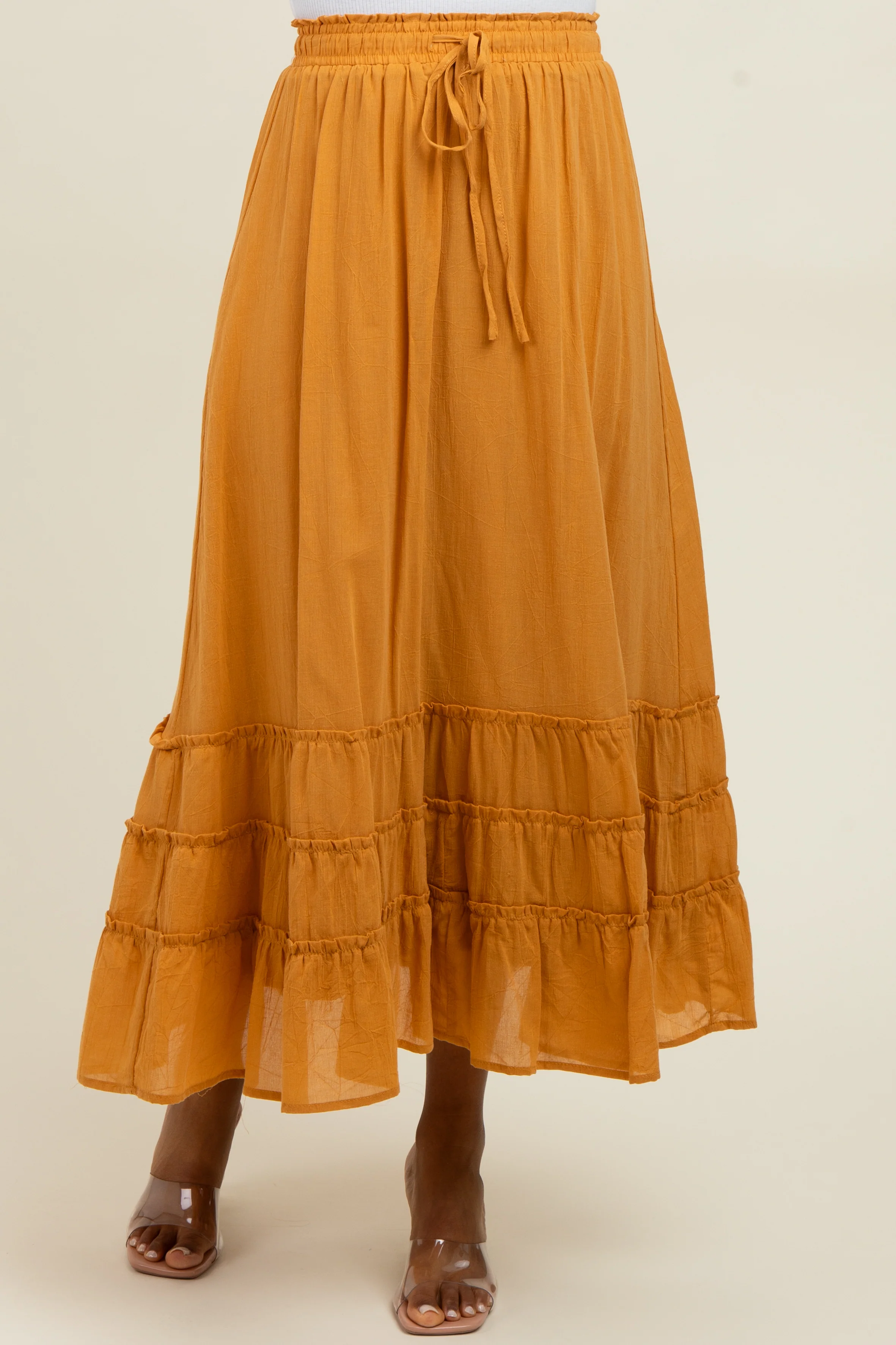 Yellow Drawstring Layered Ruffle Hem Maxi Skirt - Image 3