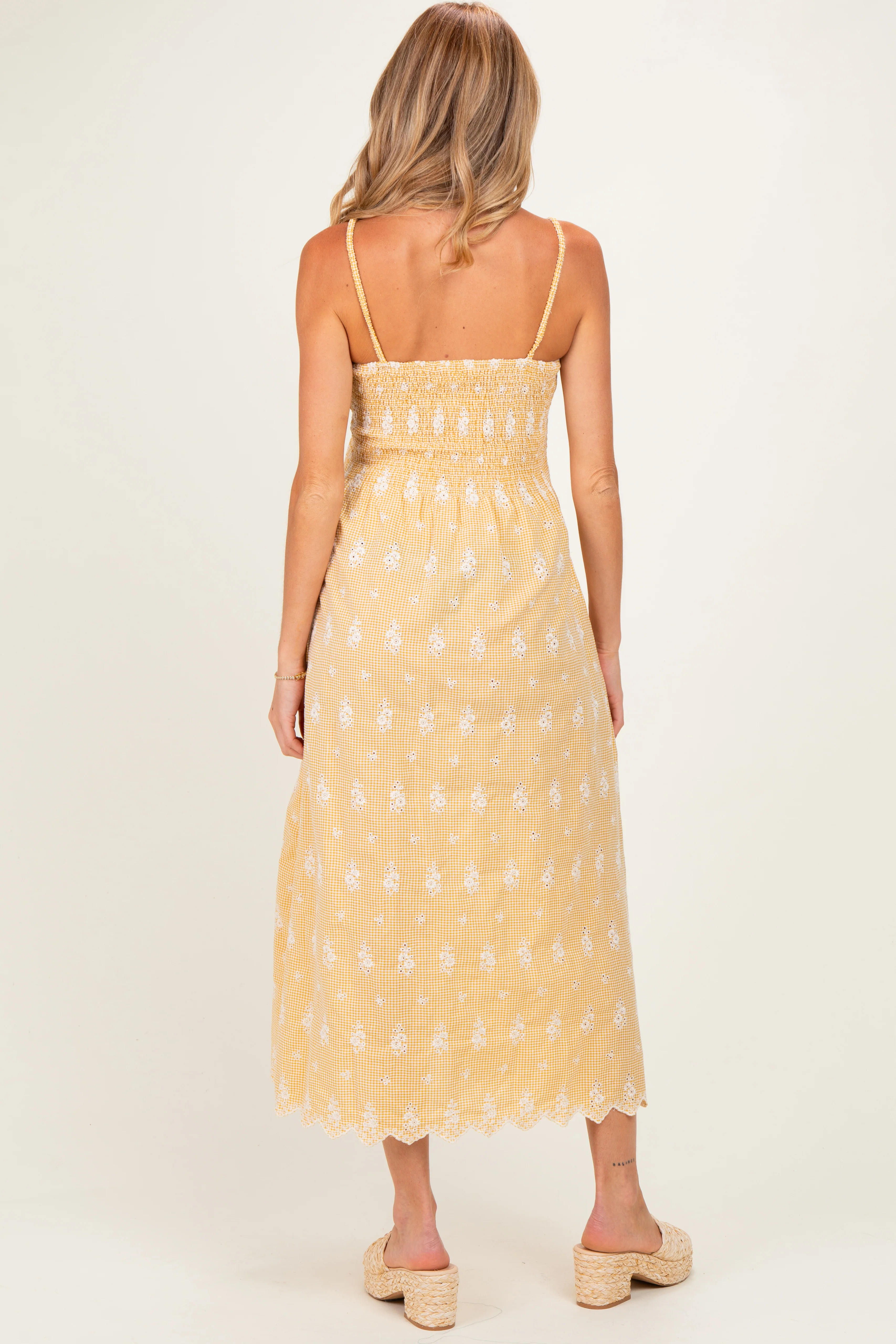 Yellow Embroidered Smocked Maternity Maxi Dress - Image 3