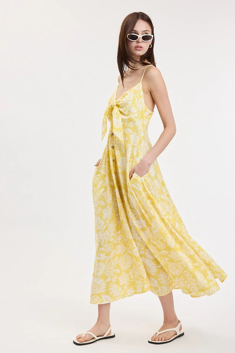 Yellow Floral Front Tie Racerback Midi Dress - Image 3