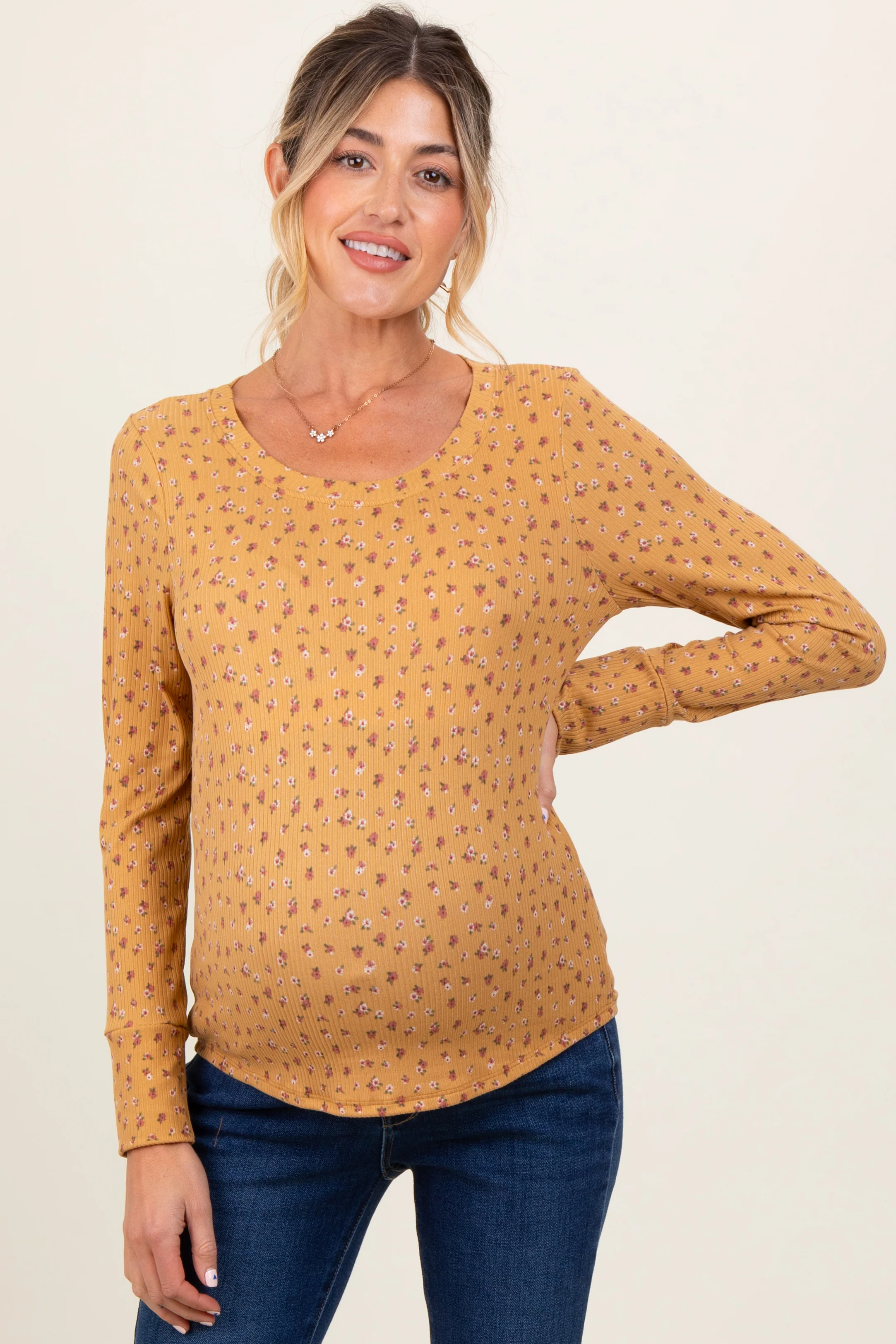 Yellow Floral Ribbed Long Sleeve Maternity Top - Image 2